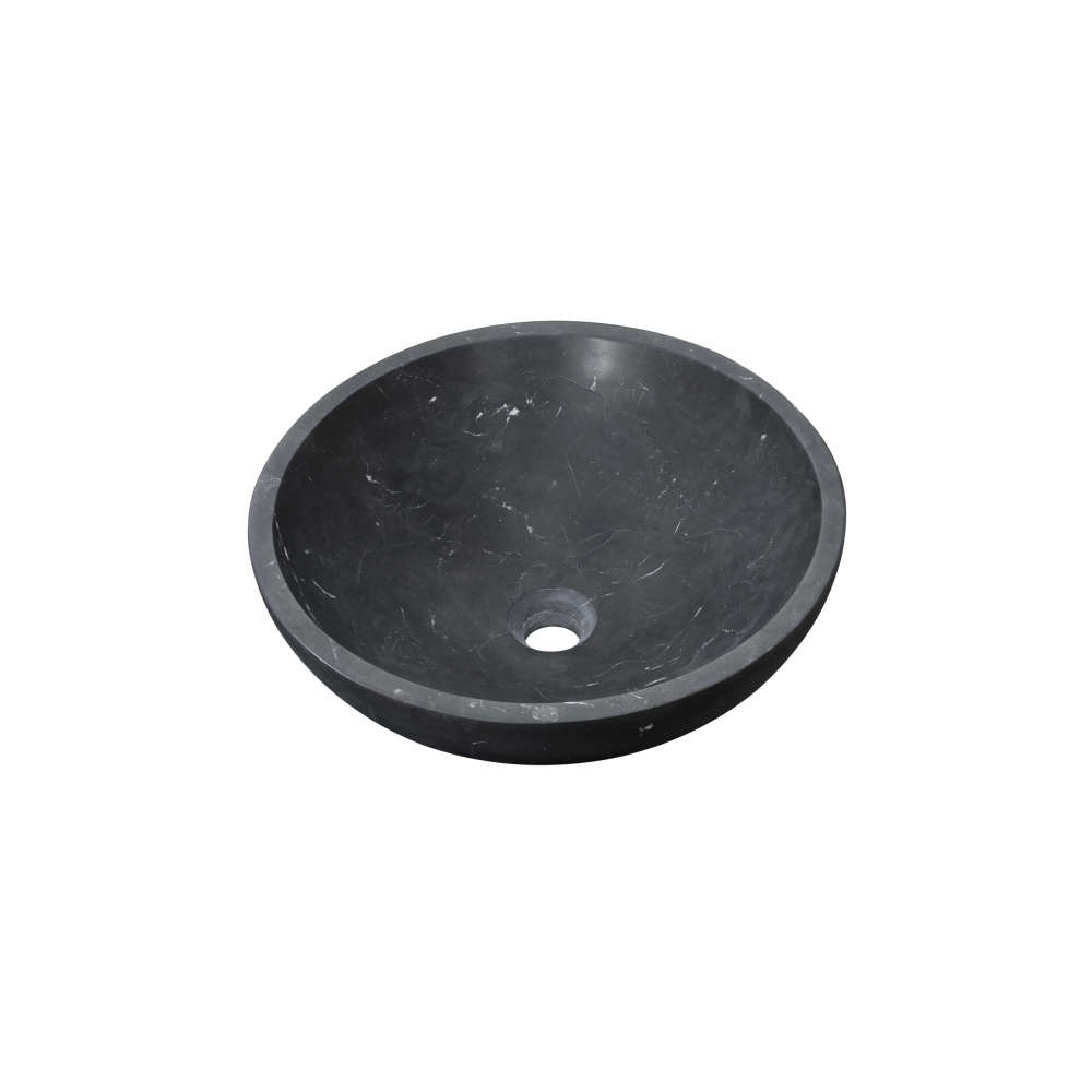 Round black marble vessel sink with hand-honed matte finish, single center drain hole, displaying natural white vein patterns.