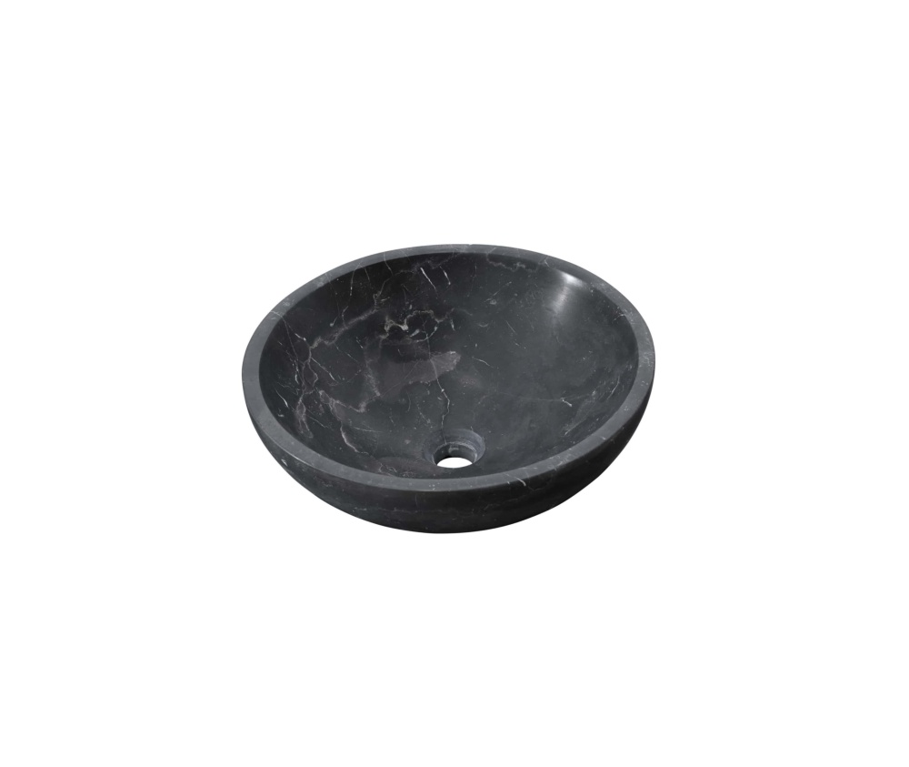 Black marble vessel sink showing prominent white lightning veining across the honed interior basin, single-block carved construction.