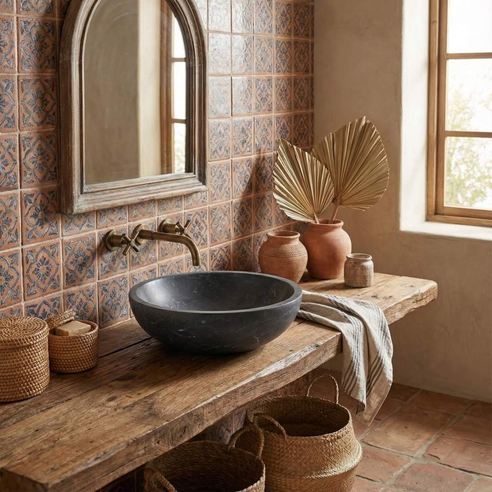 Black marble vessel sink on rustic wood vanity, patterned terracotta tile walls and brass faucet in Spanish farmhouse bathroom.