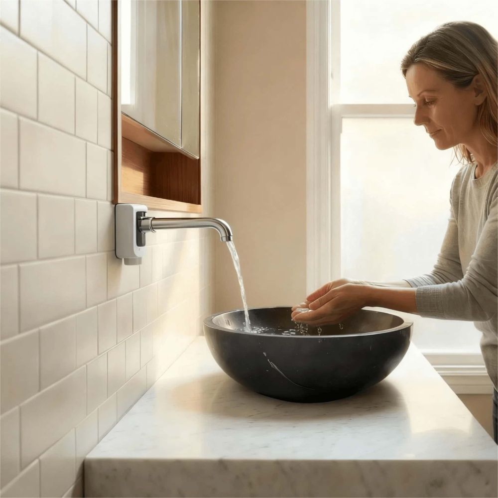 Black marble vessel sink on white stone counter with subway tile backsplash, chrome wall-mount faucet in traditional bathroom.