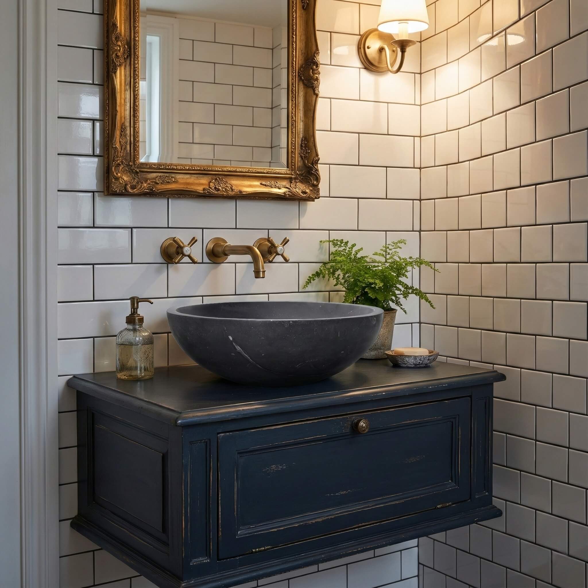 Black marble vessel sink on navy vanity with white subway tile, gilded mirror and brass faucet in vintage powder room.