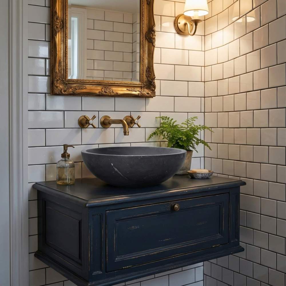Black marble vessel sink on navy vanity with white subway tile, gilded mirror and brass faucet in vintage powder room.