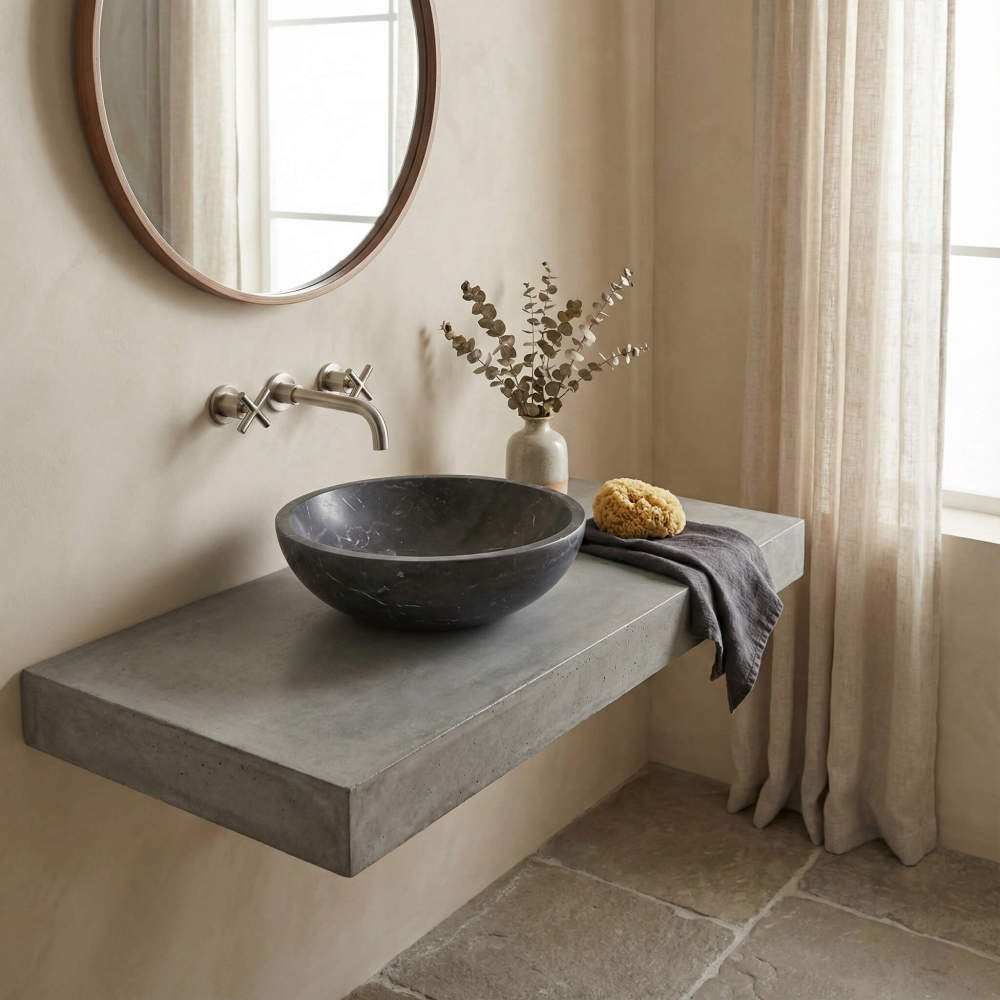 Black marble vessel sink on floating concrete shelf, limewash walls with eucalyptus and natural linen in wabi-sabi bathroom.