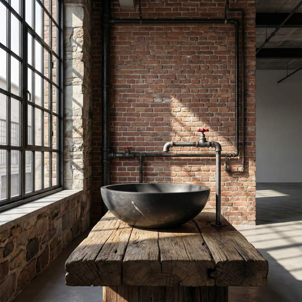 Black marble vessel sink on reclaimed wood vanity, exposed red brick wall and iron pipe plumbing in warehouse loft bathroom.