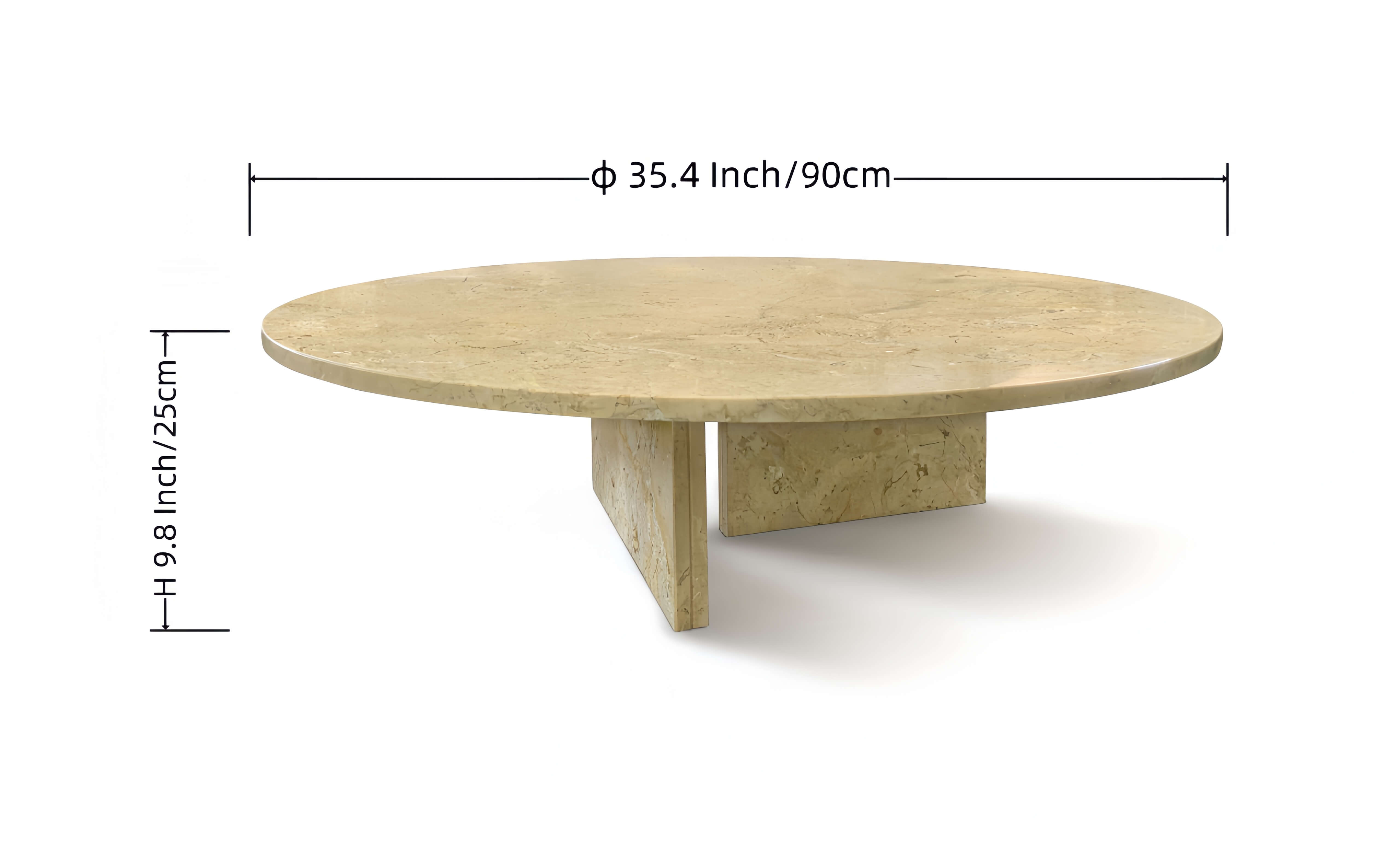 Dimension d.iagram of Hyatt Gold natural marble coffee table: 35.4 inch / 90cm diameter and 9.8 inch / 25cm height