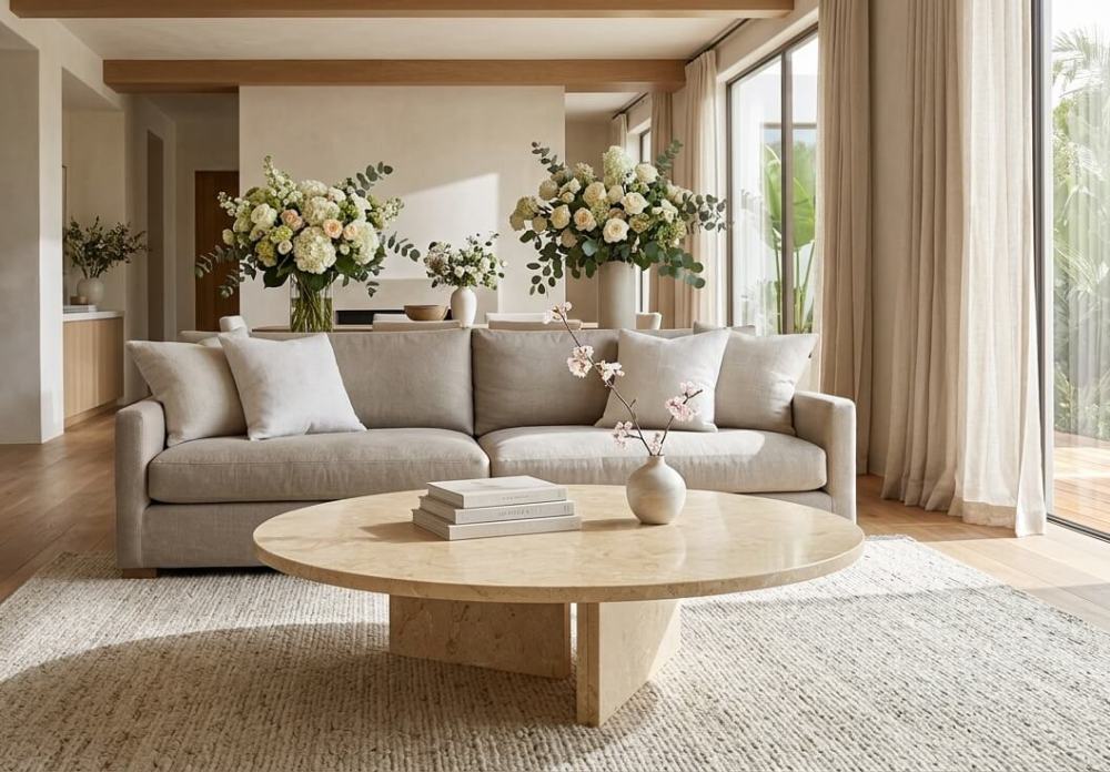 Round Hyatt Gold marble coffee table styled with white roses and cherry blossom in a California casual modern farmhouse living room.