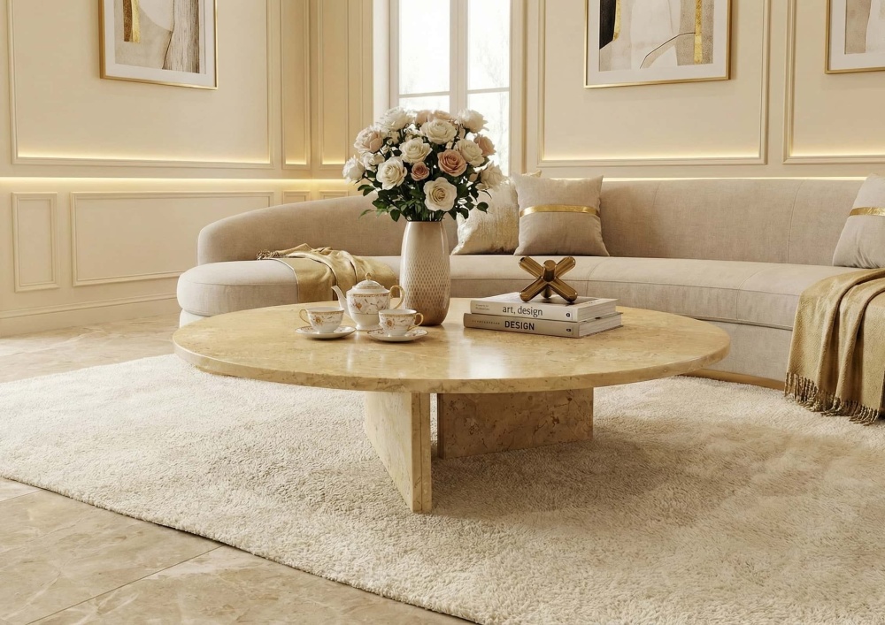 Round Hyatt Gold marble coffee table styled with gold-accented tea set and white roses in a cream French glam living room.