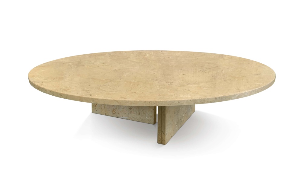 Round Hyatt Gold natural marble coffee table, polished surface and cross pedestal base, 90cm diameter, angled product view.