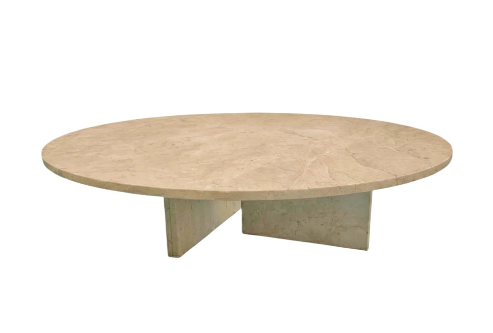 Hyatt Gold natural marble coffee table front view showing 90cm diameter polished round top and cross pedestal stone base.