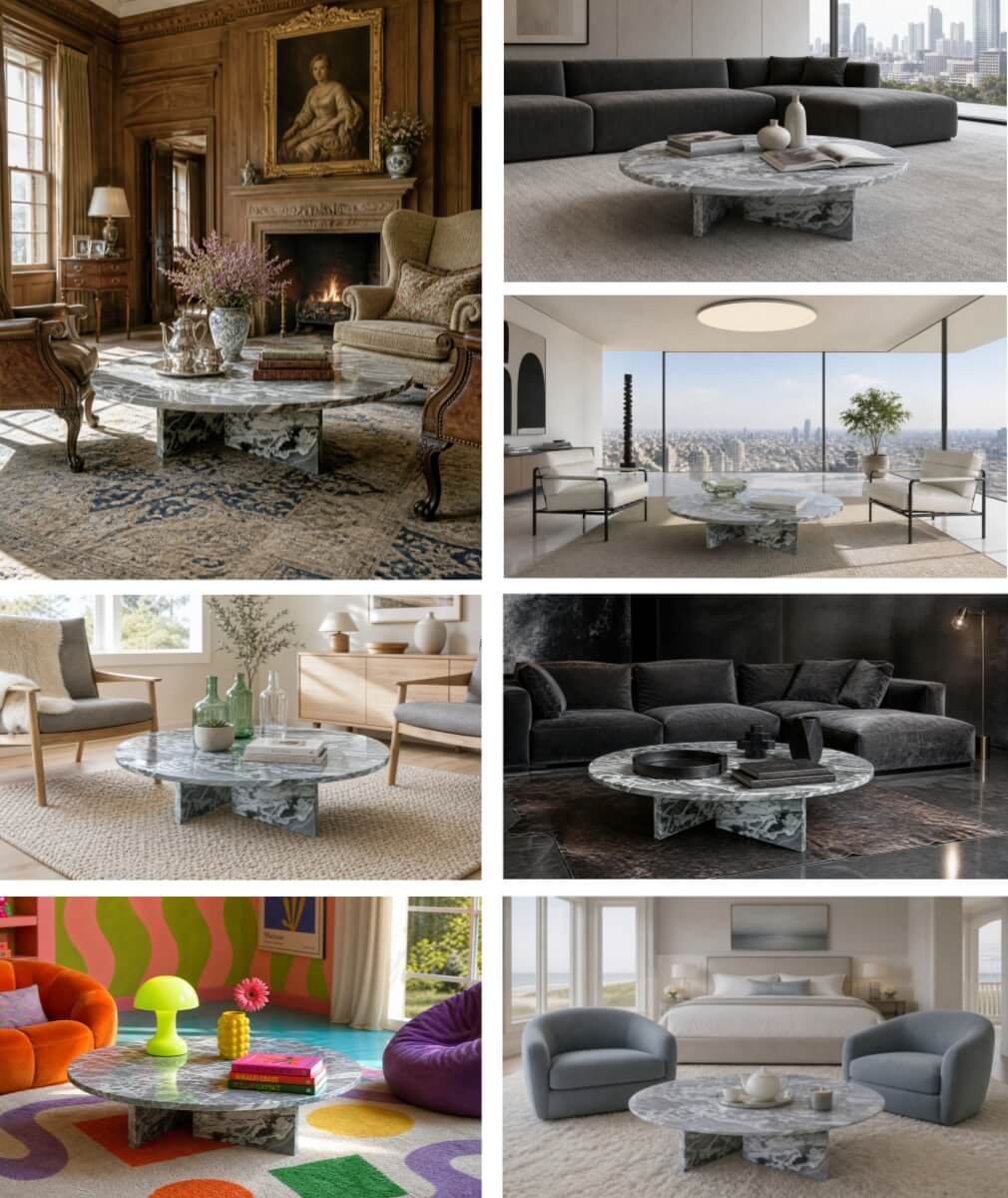 Seven-style collage of cloudy blue marble coffee table across English manor, Nordic, Parisian, and modern interiors.