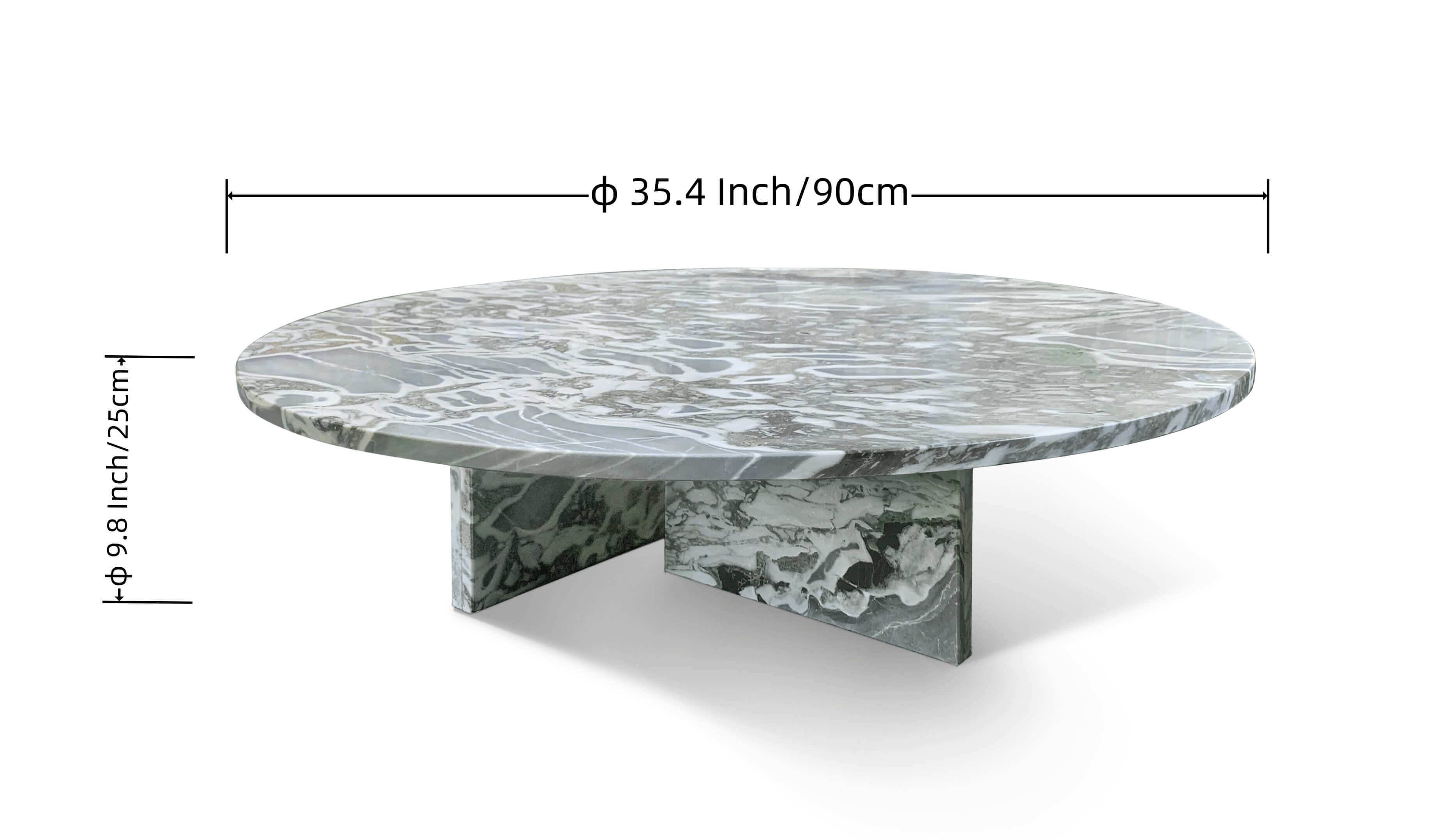 Cloudy blue marble coffee table dimensions diagram: 35.4-inch diameter, 9.8-inch height (&Oslash;90 &times; 25cm).
