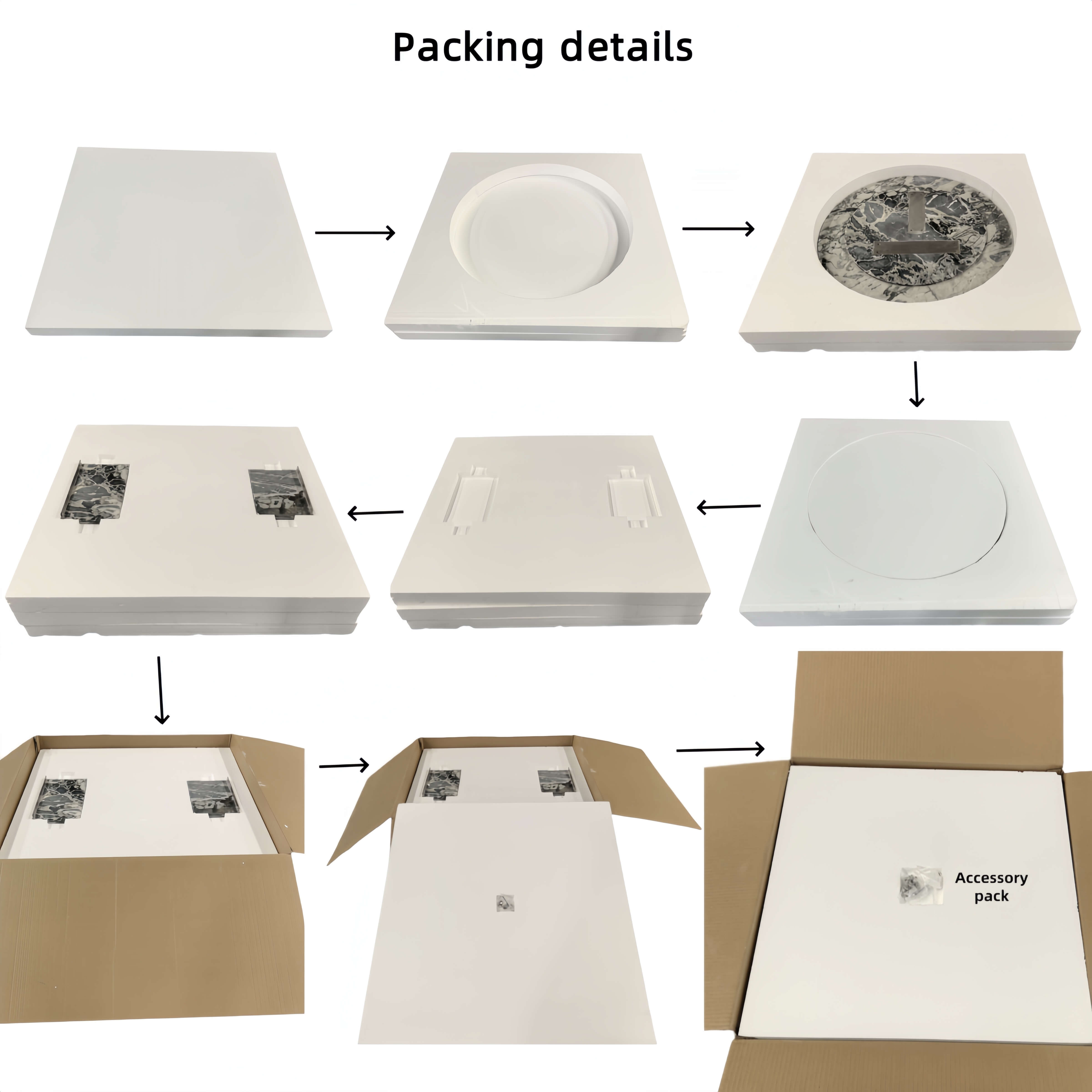 9-step protective packaging for cloudy blue marble coffee table: foam-cavity inserts, base supports, reinforced carton.