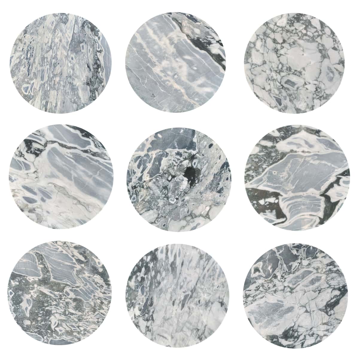 Nine-grid comparison of cloudy blue marble coffee tabletops, showing unique veining&mdash;no two pieces are identical.