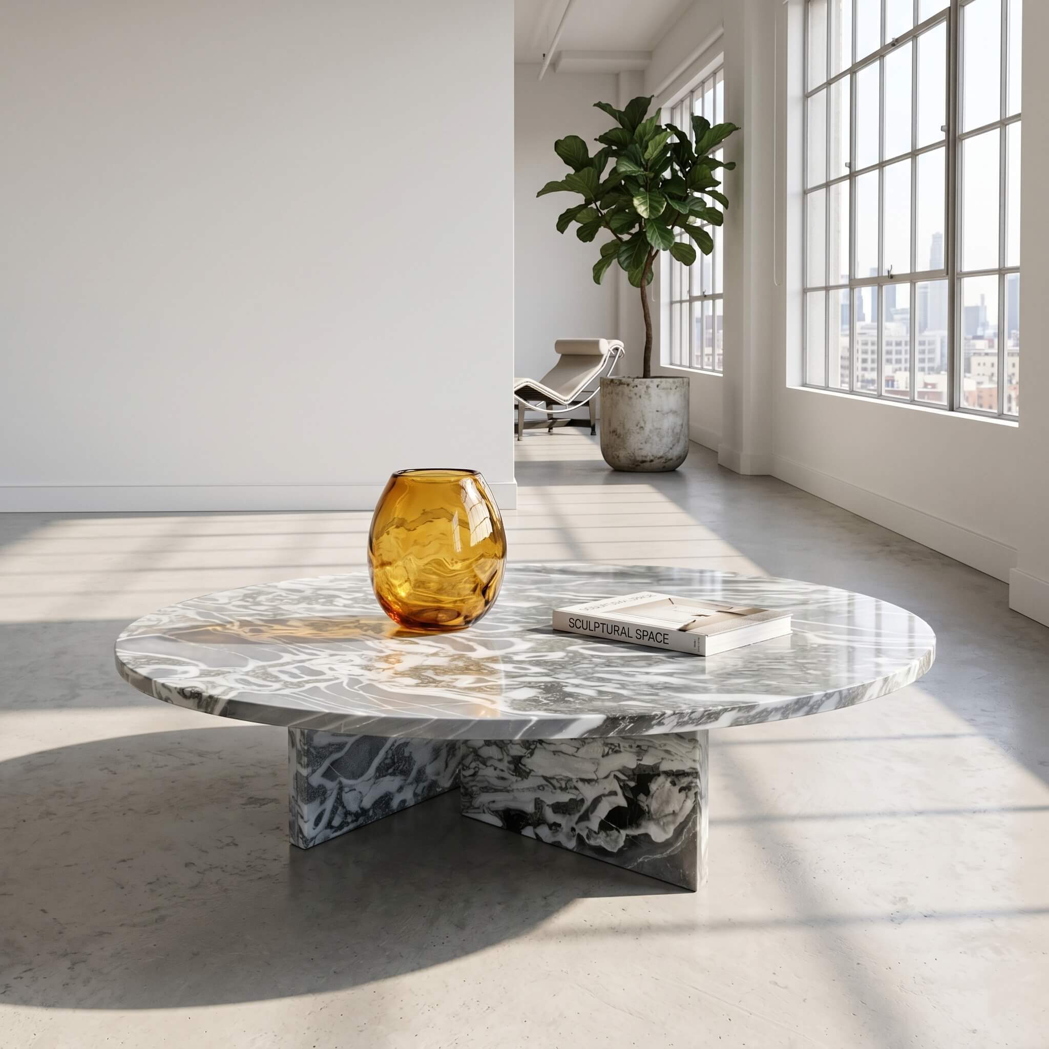 Cloudy blue marble coffee table in white-walled artist loft with amber glass vase, polished concrete floor, and city light.