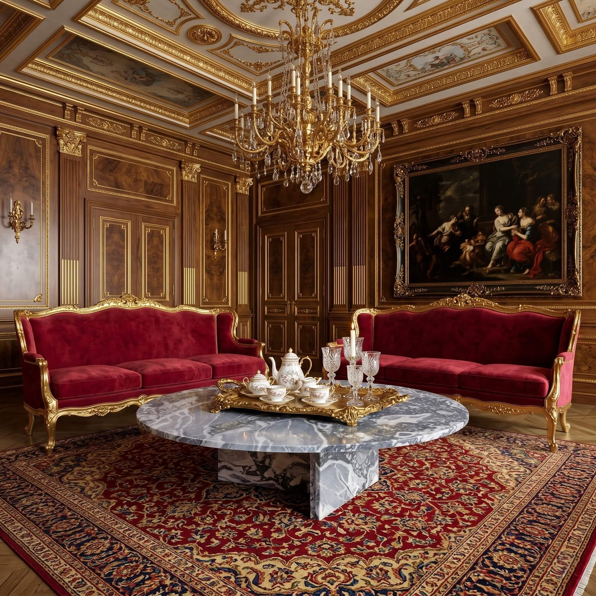 Cloudy blue marble coffee table in French Baroque salon with gilded velvet sofas, crystal chandelier, and Persian rug.