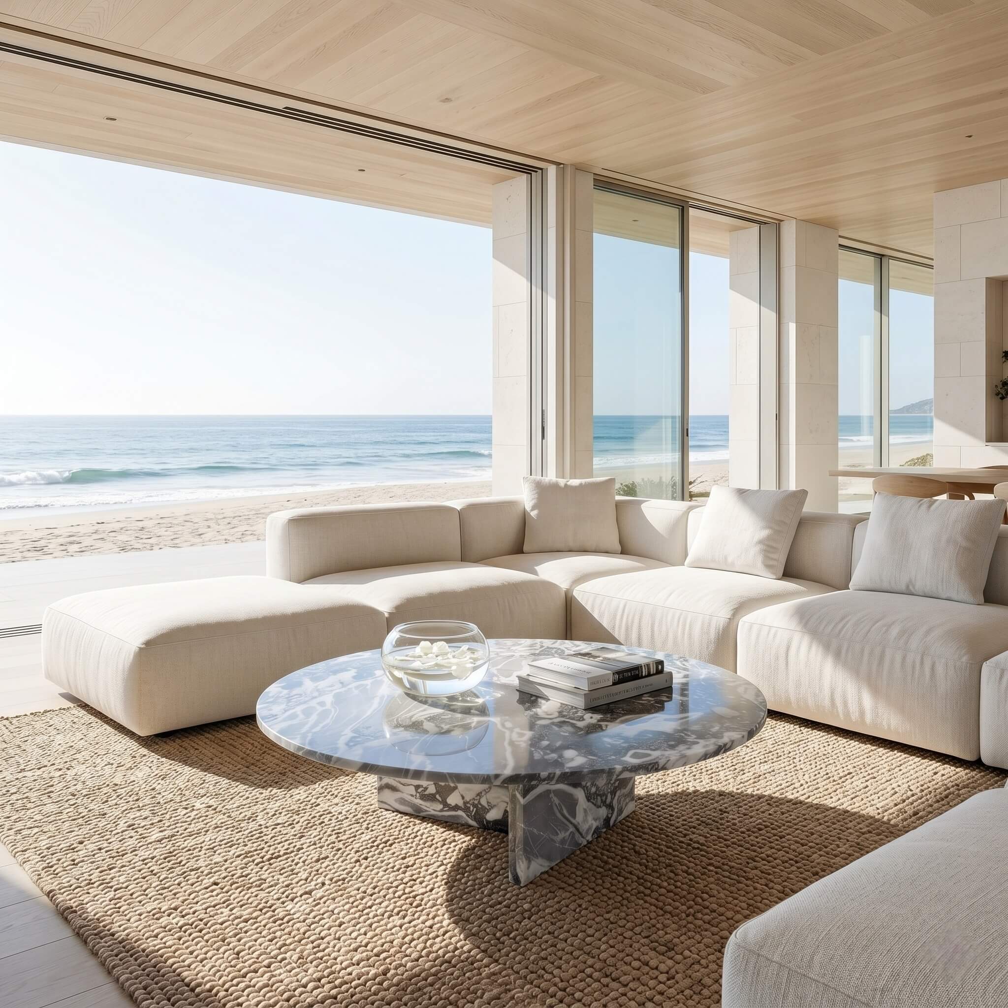 Cloudy blue marble coffee table in beachfront villa with linen sectional, jute rug, and floor-to-ceiling ocean views.