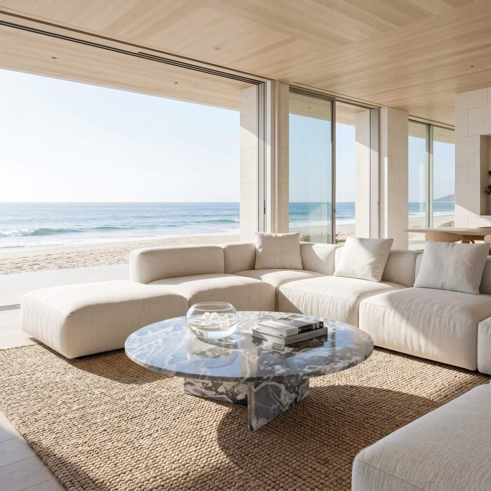 Cloudy blue marble coffee table in beachfront villa with linen sectional, jute rug, and floor-to-ceiling ocean views.