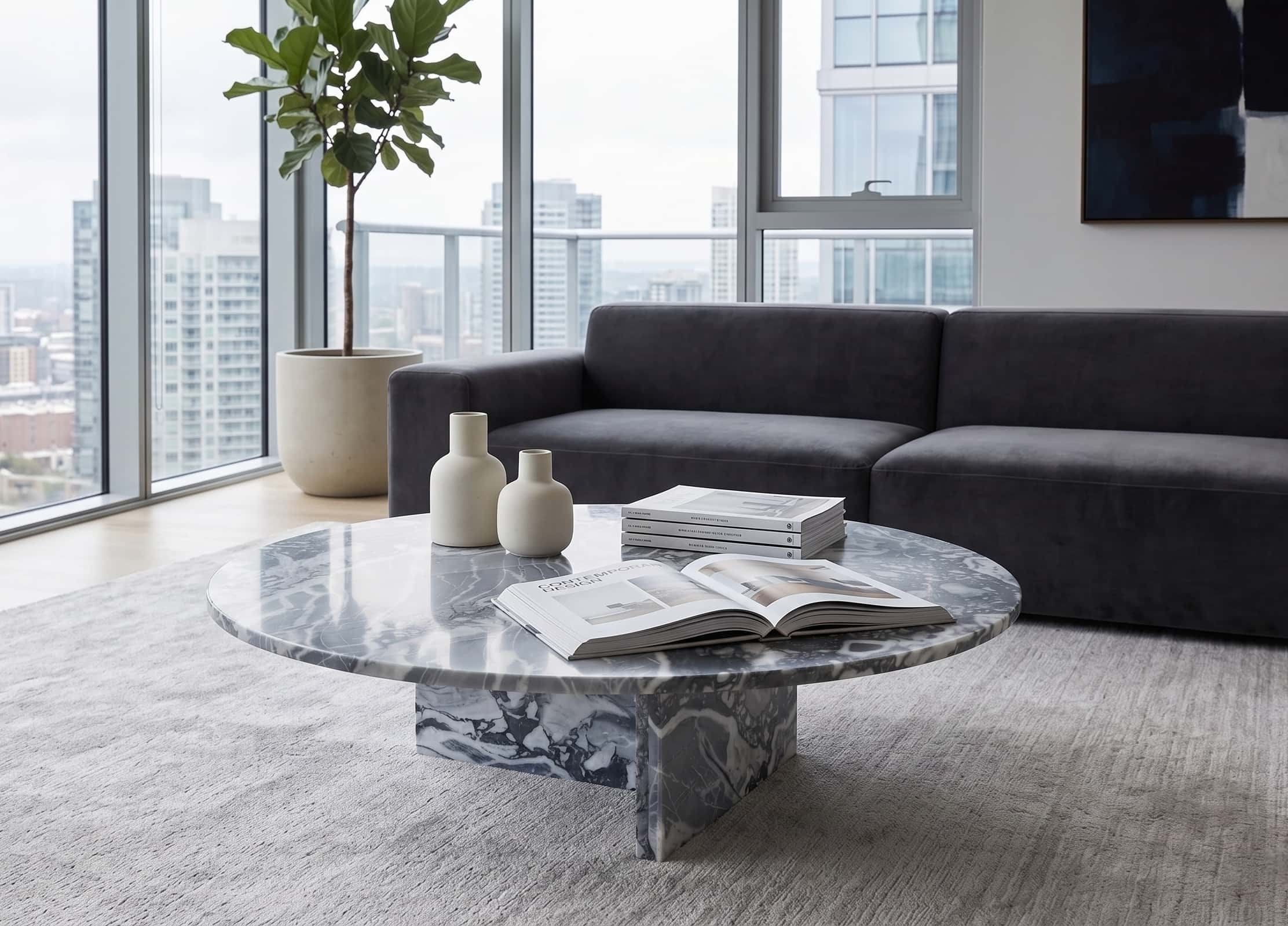 Cloudy blue marble coffee table in contemporary high-rise condo with charcoal velvet sofa and city view.
