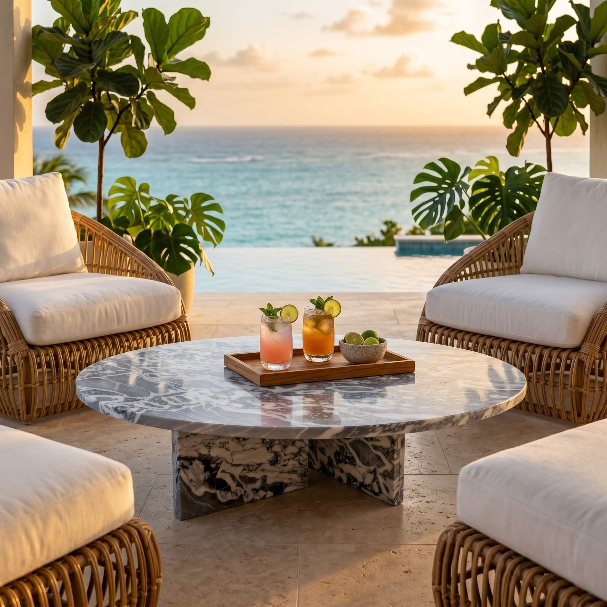 Cloudy blue marble coffee table on a covered oceanfront patio with rattan armchairs, tropical plants, and sunset cocktails.