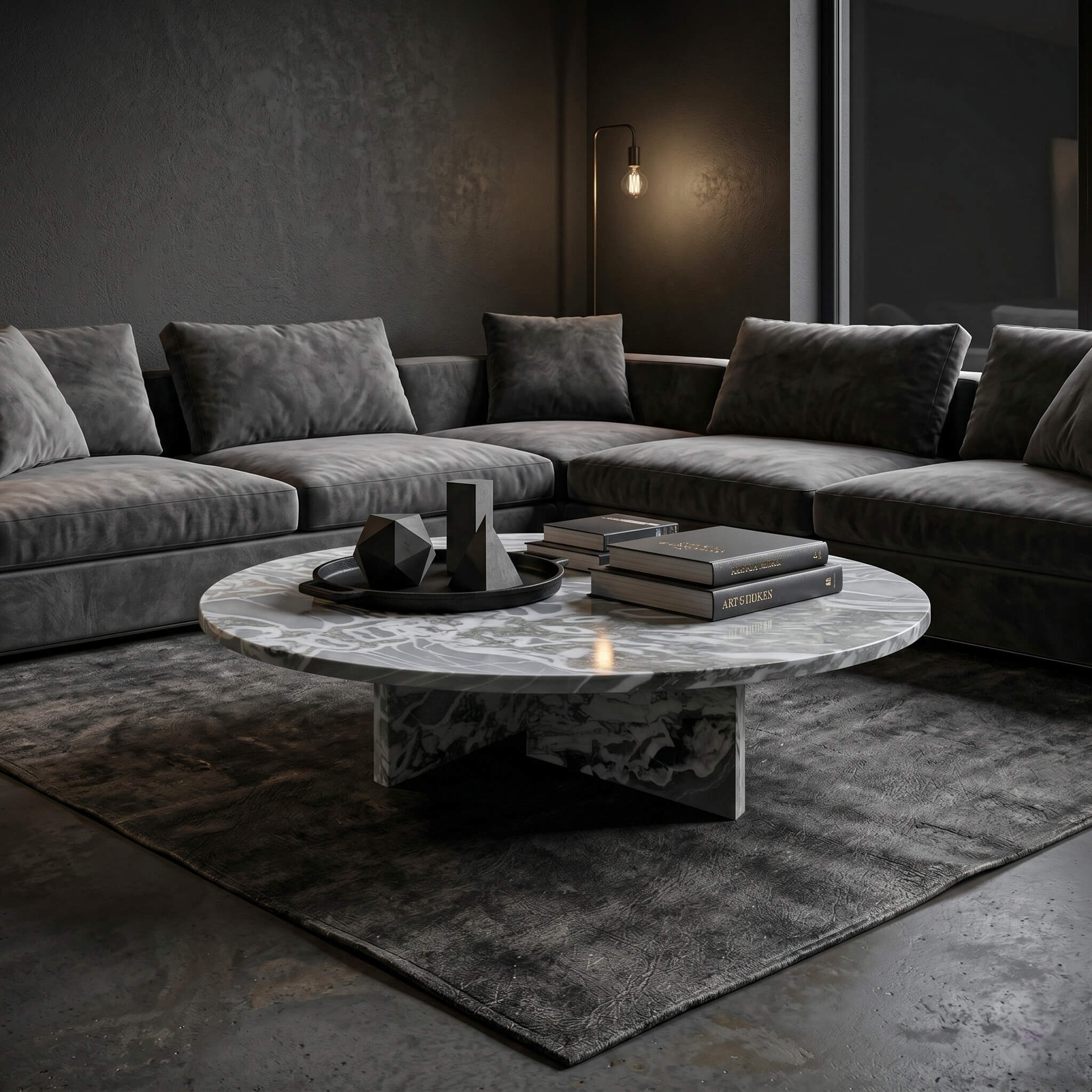 Cloudy blue marble coffee table in dark modern lounge with charcoal velvet sectional and moody low-key ambient lighting.