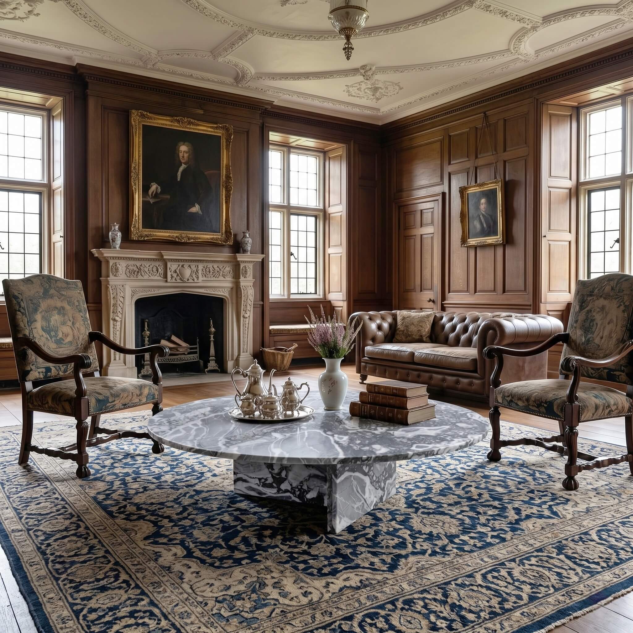 Cloudy blue marble coffee table in English manor study with walnut paneling, Chesterfield sofa, and tapestry armchairs.