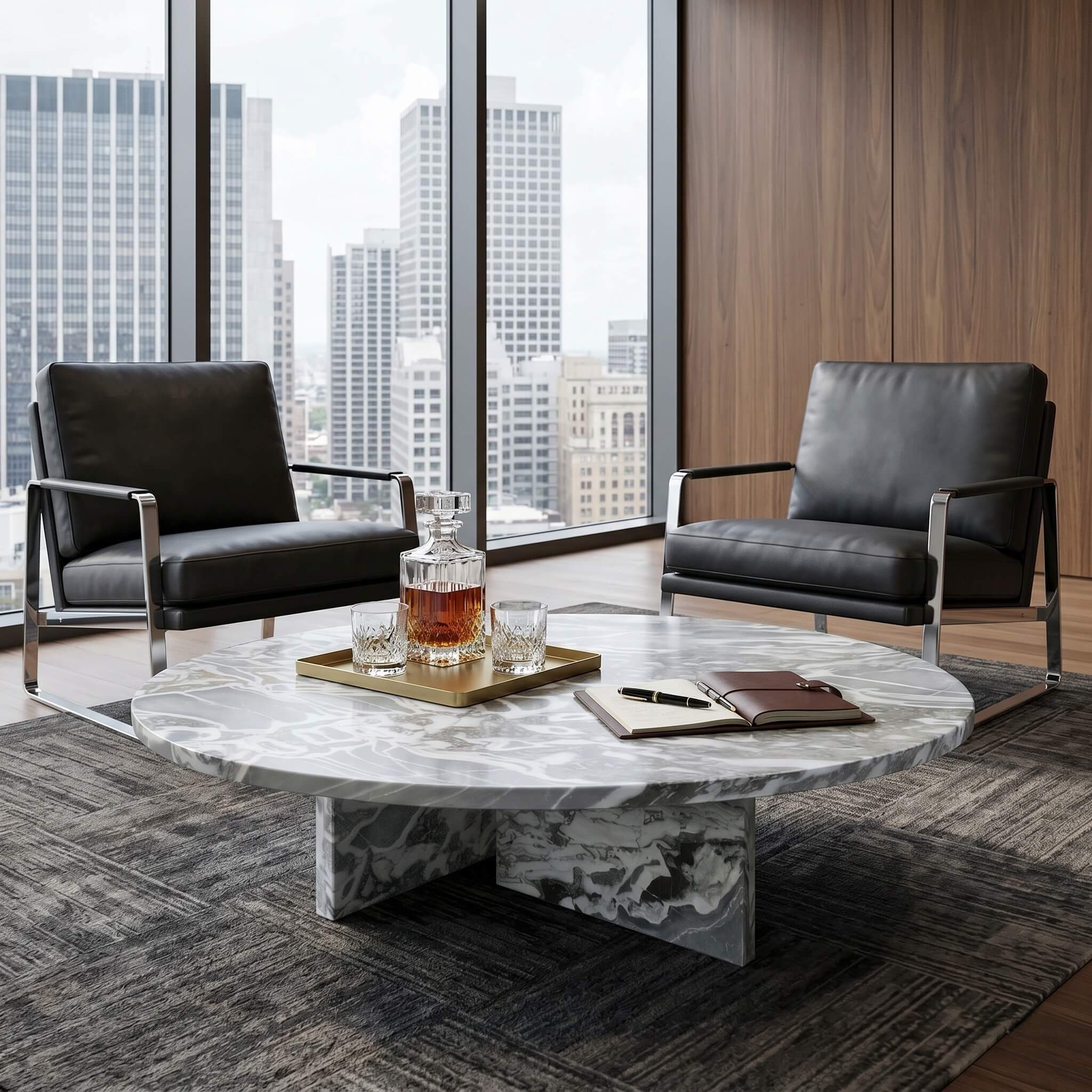 Cloudy blue marble coffee table in executive office lounge with black leather armchairs and walnut paneling.
