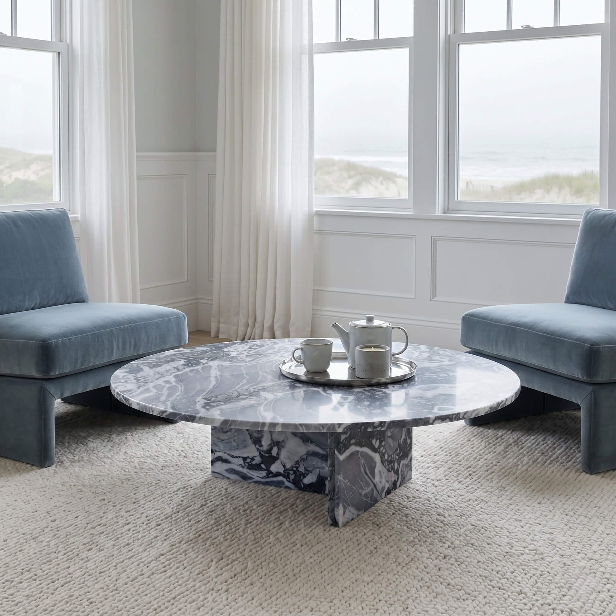 Cloudy blue marble coffee table in Hamptons coastal living room with blue armless chairs and white wainscoting.
