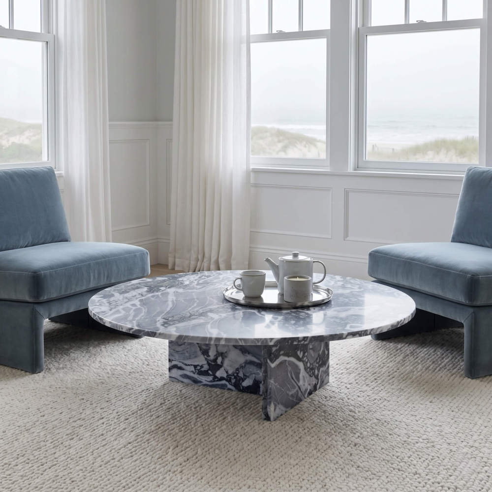 Cloudy blue marble coffee table in Hamptons coastal living room with blue armless chairs and white wainscoting.