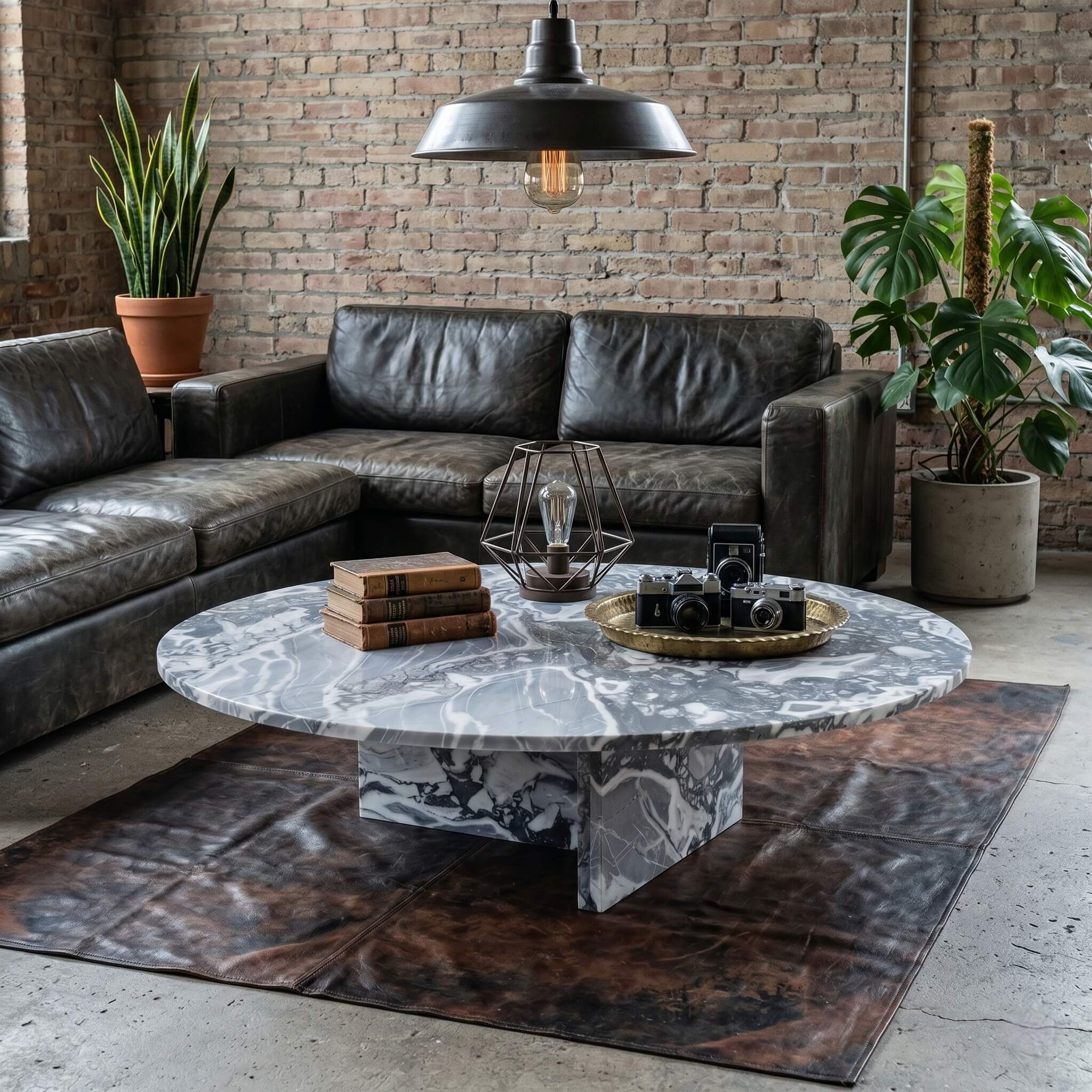 Cloudy blue marble coffee table in industrial loft with exposed brick wall, black leather sofa, and vintage Edison pendant.