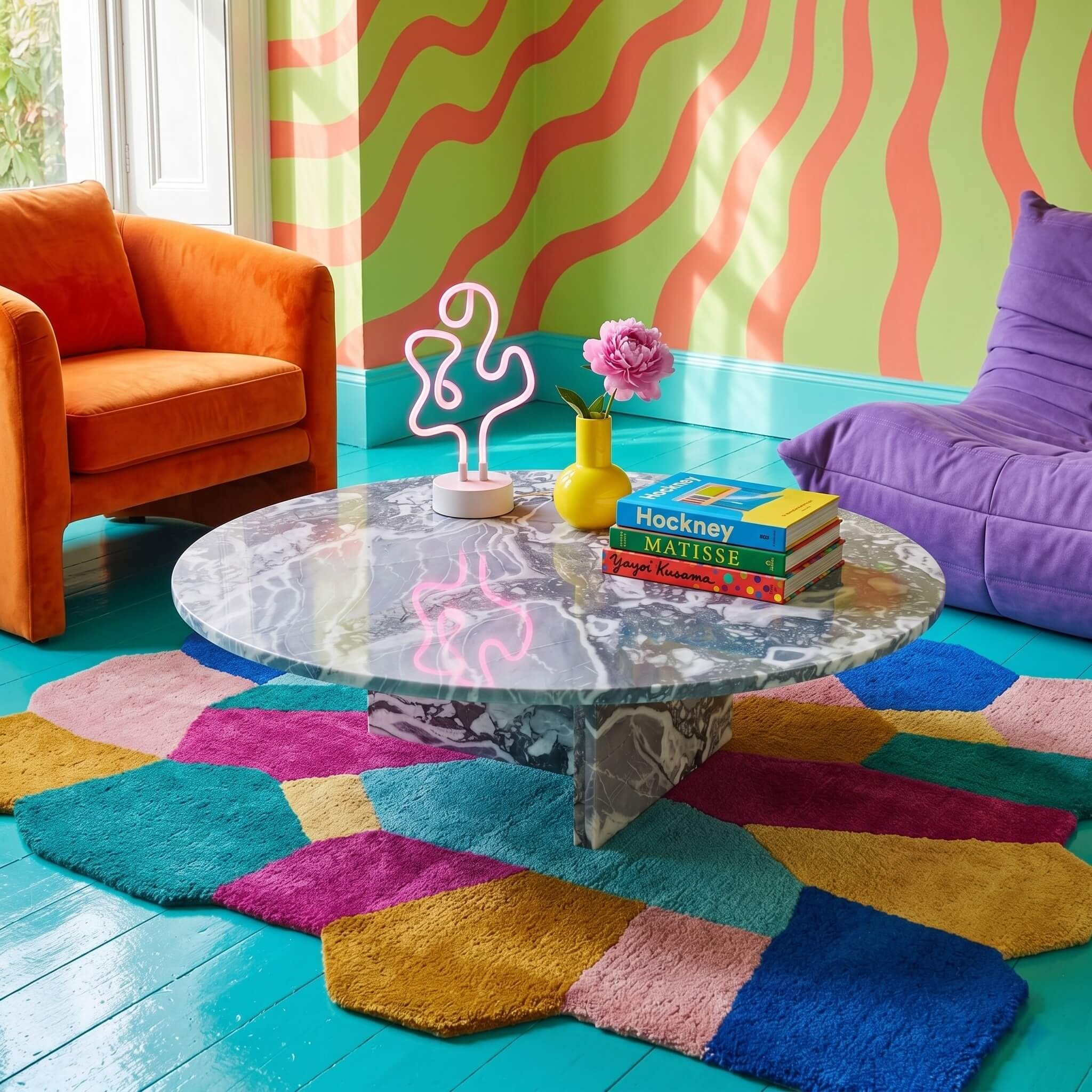Cloudy blue marble coffee table in maximalist dopamine décor room with orange armchair, purple beanbag, and neon wall accents.