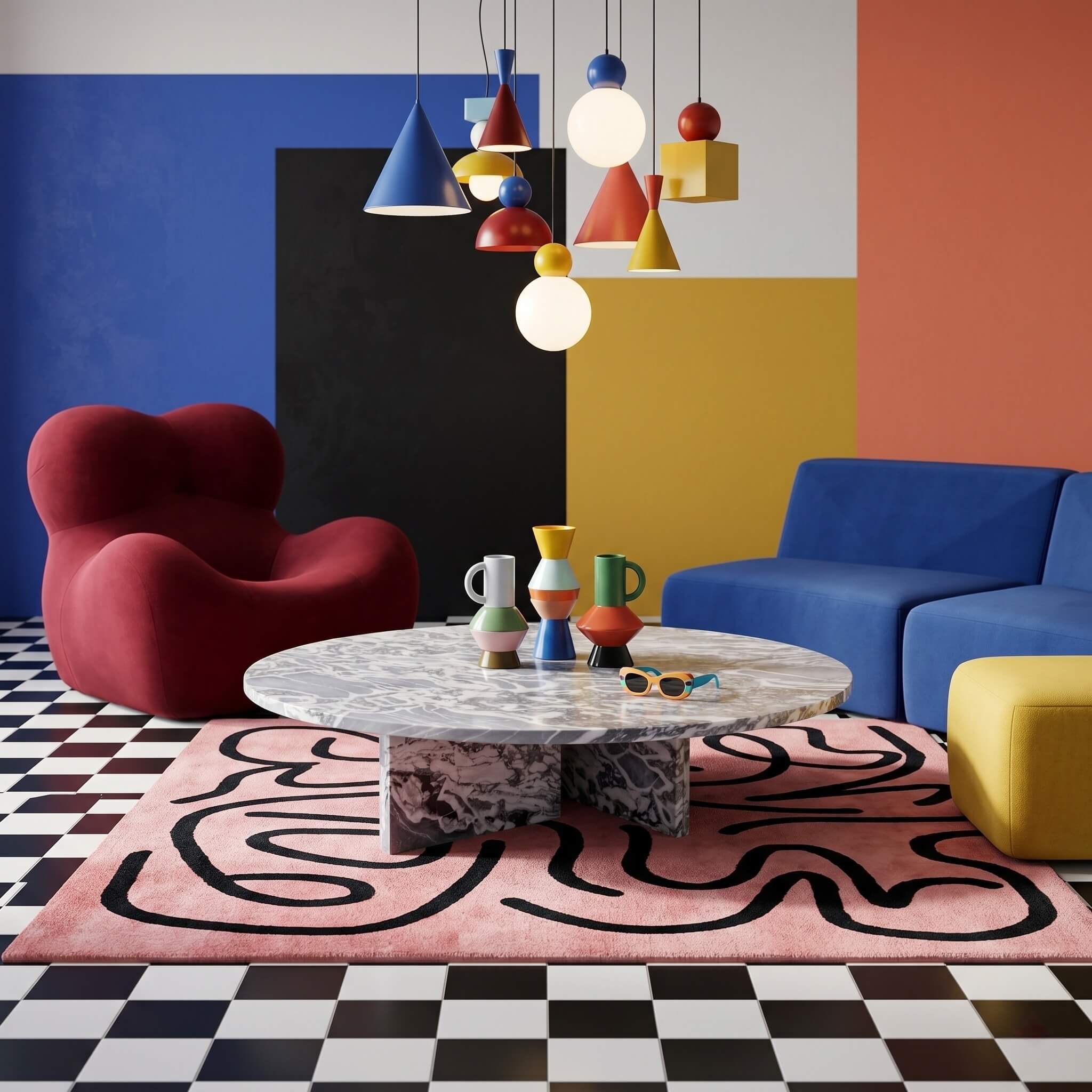 Cloudy blue marble coffee table in Memphis-style eclectic room with colorful pendant lights and checkered floor.