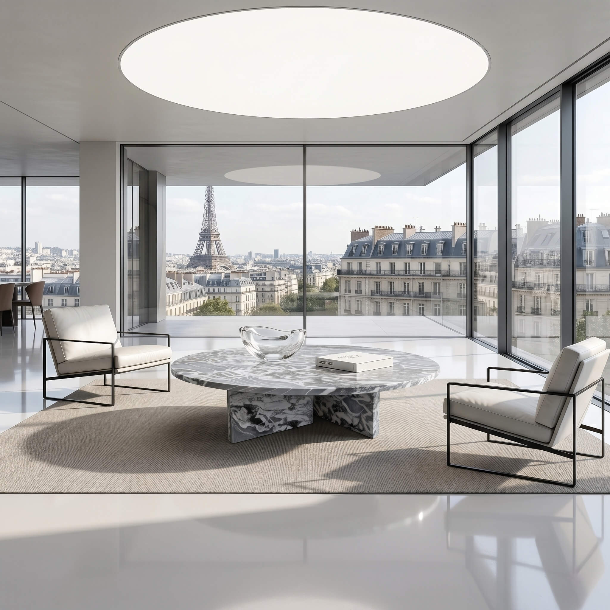 Cloudy blue marble coffee table in a Parisian penthouse with floor-to-ceiling windows framing the Eiffel Tower view.