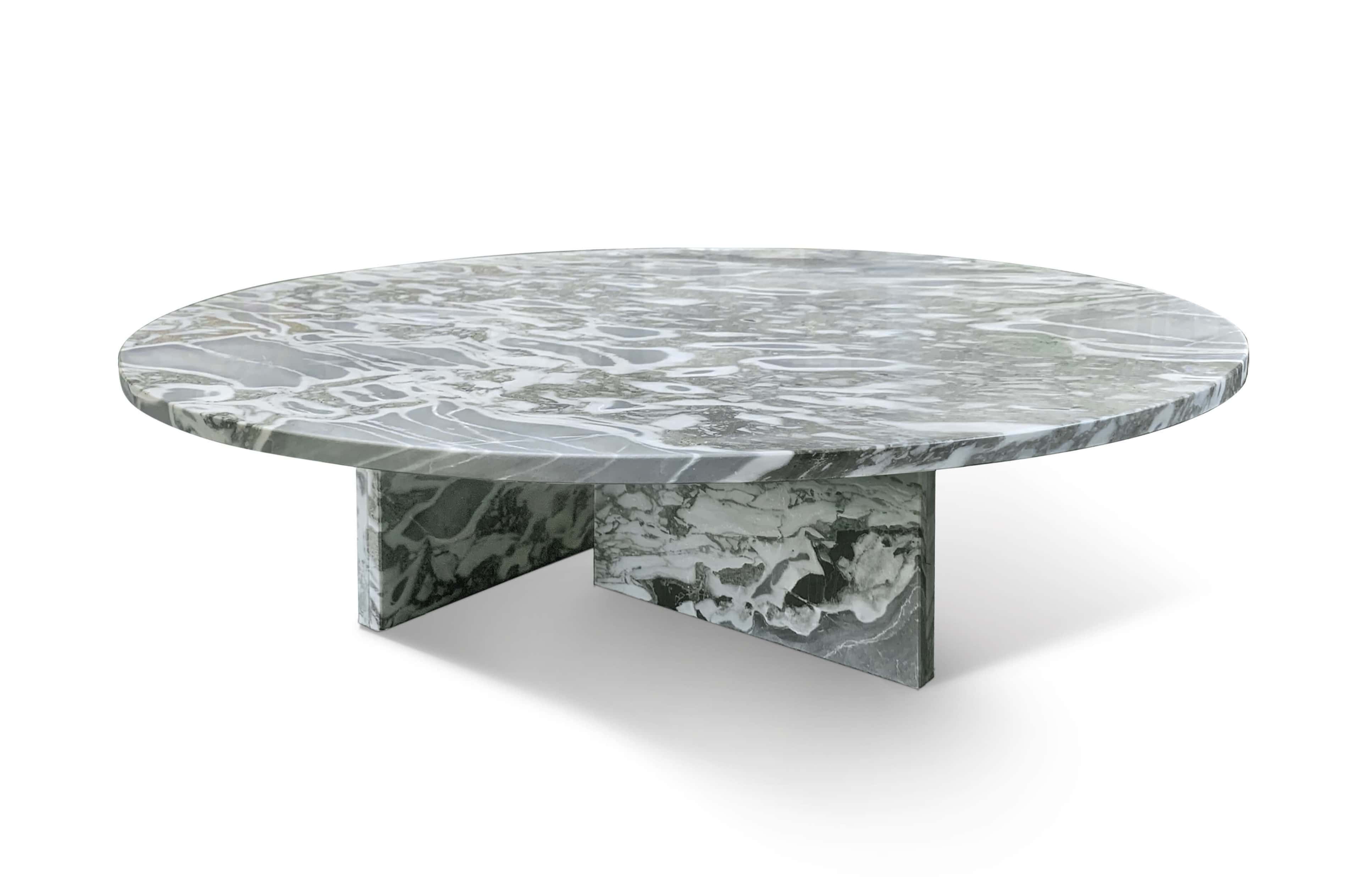 Cloudy Blue Natural Marble Coffee Table — Round Polished, Ø35.4″ / 90cm | Twin-Plinth Base for Living Room