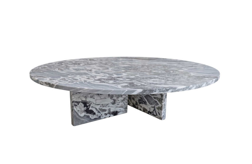 Front view of round cloudy blue marble coffee table with X-shaped marble base, showcasing dense white veining on tabletop.
