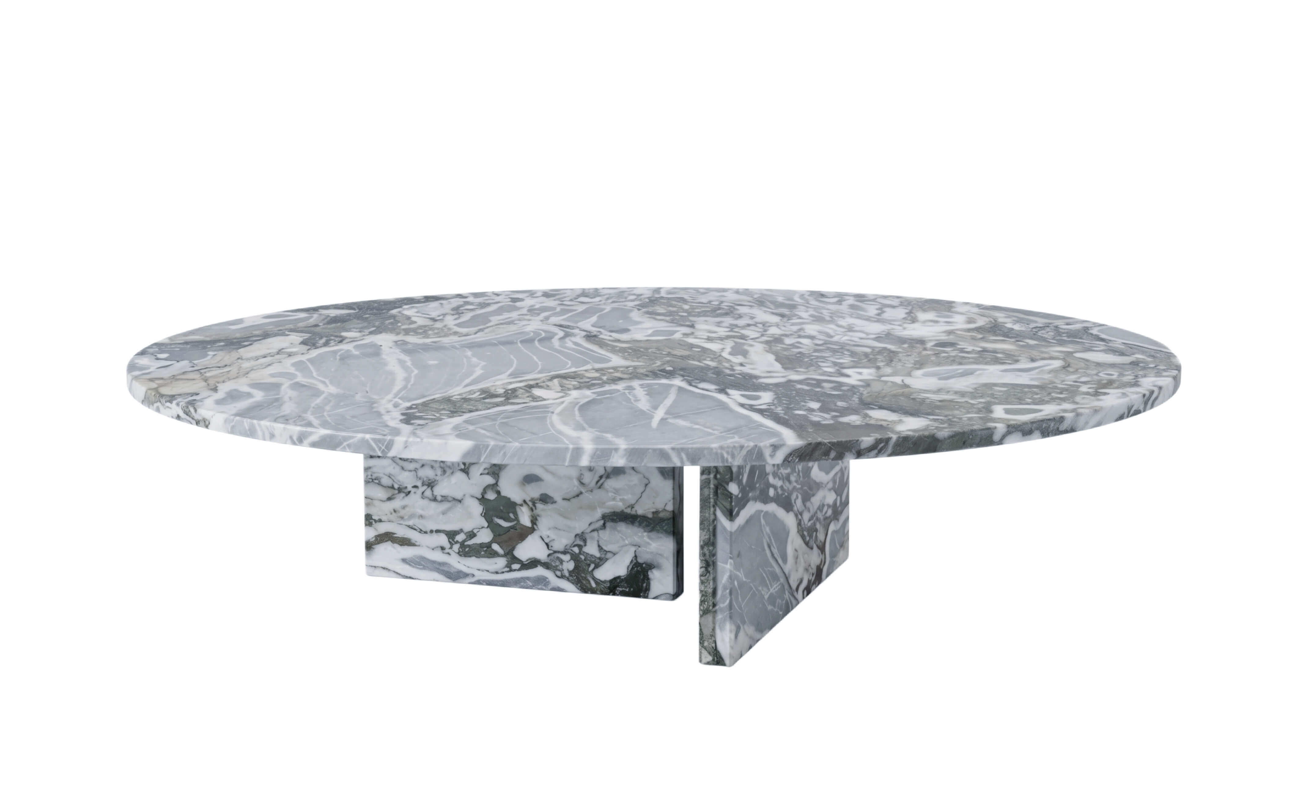 Side 45-degree view of cloudy blue marble coffee table showing tabletop thickness and unique natural veining patterns.