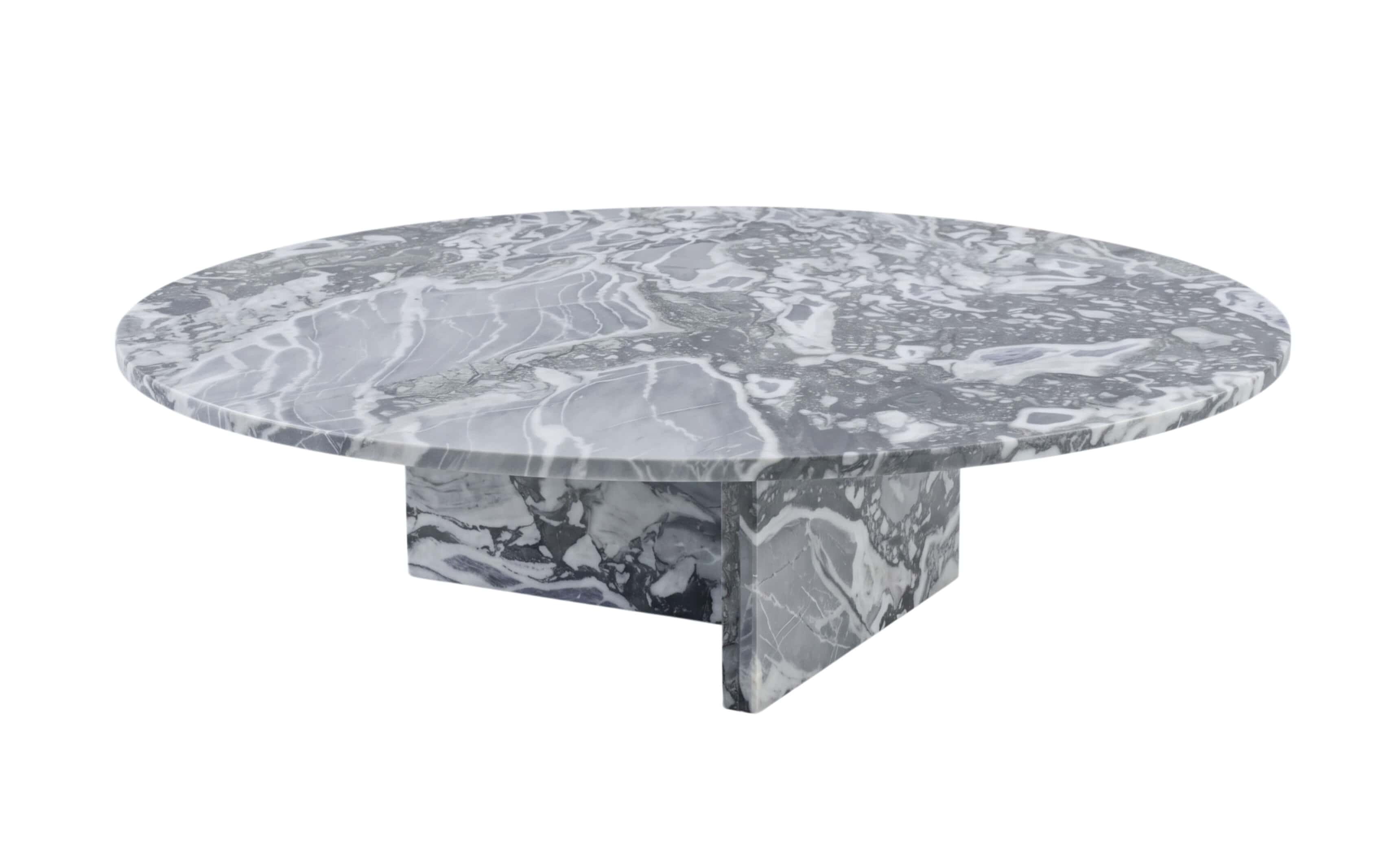 Top-angle view of cloudy blue marble coffee table showing flowing white veining across 35.4-inch polished tabletop.