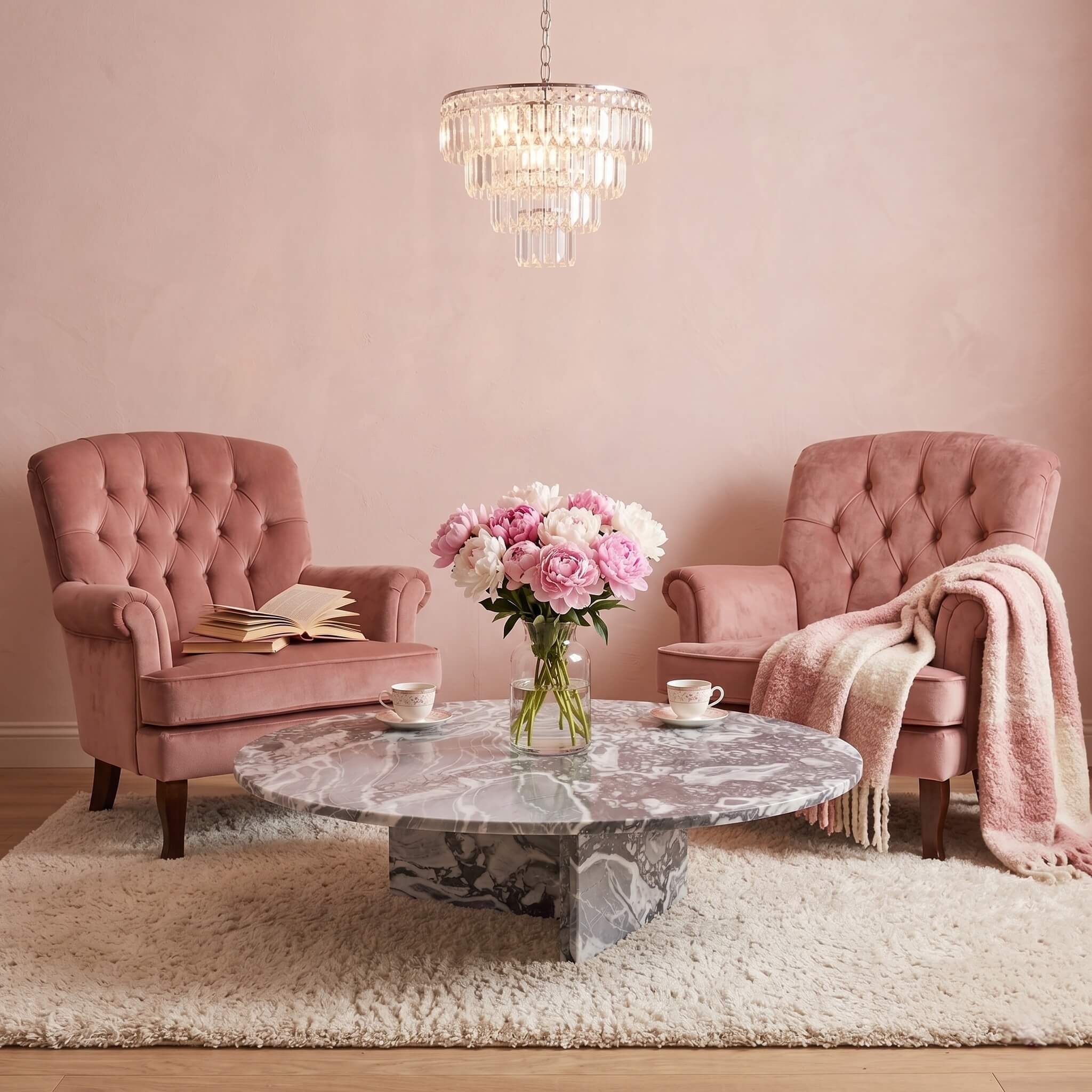 Cloudy blue marble coffee table in romantic tea room with blush velvet tufted armchairs, peonies, and crystal chandelier.