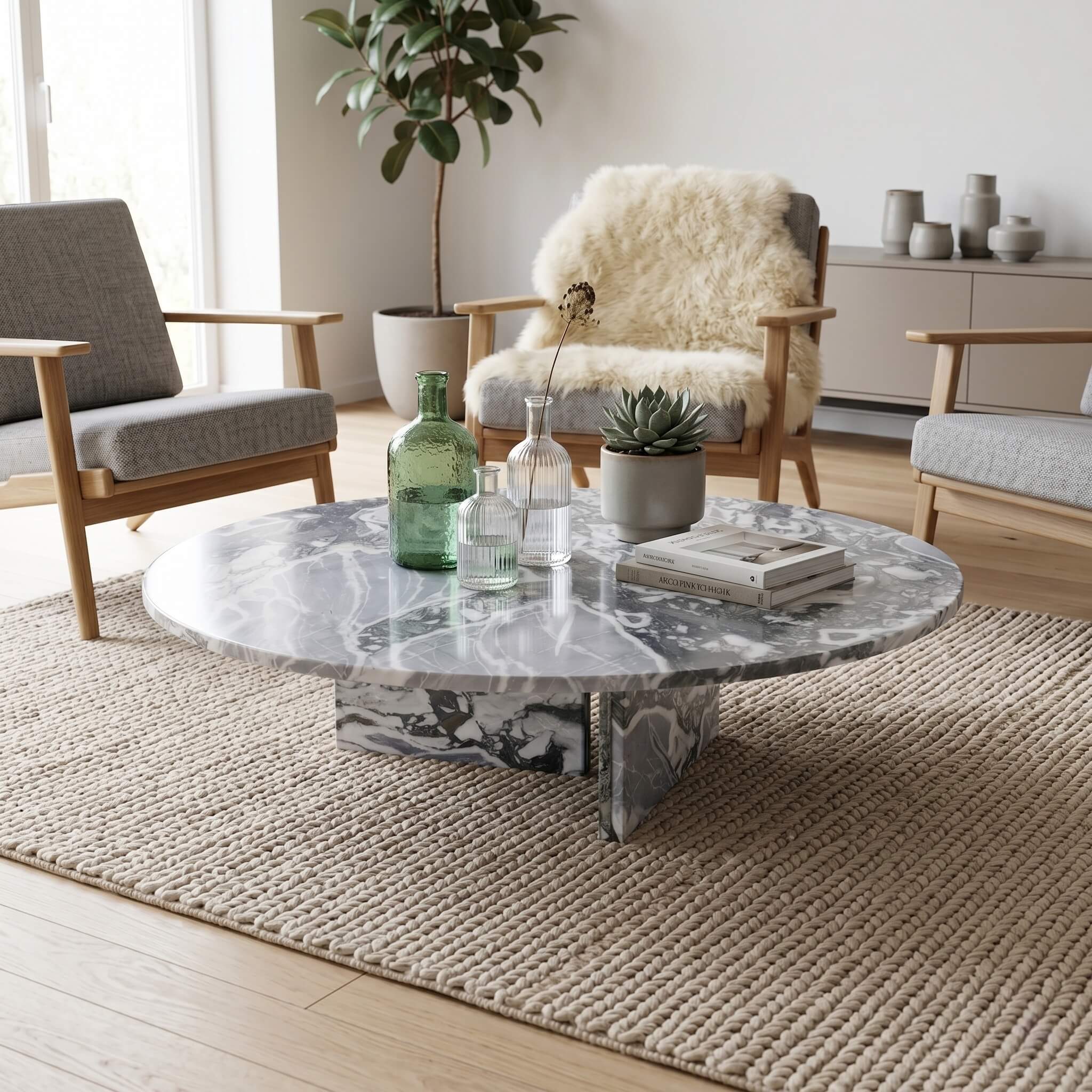 Cloudy blue marble coffee table in Scandinavian living room with oak armchairs, jute rug, and natural light.