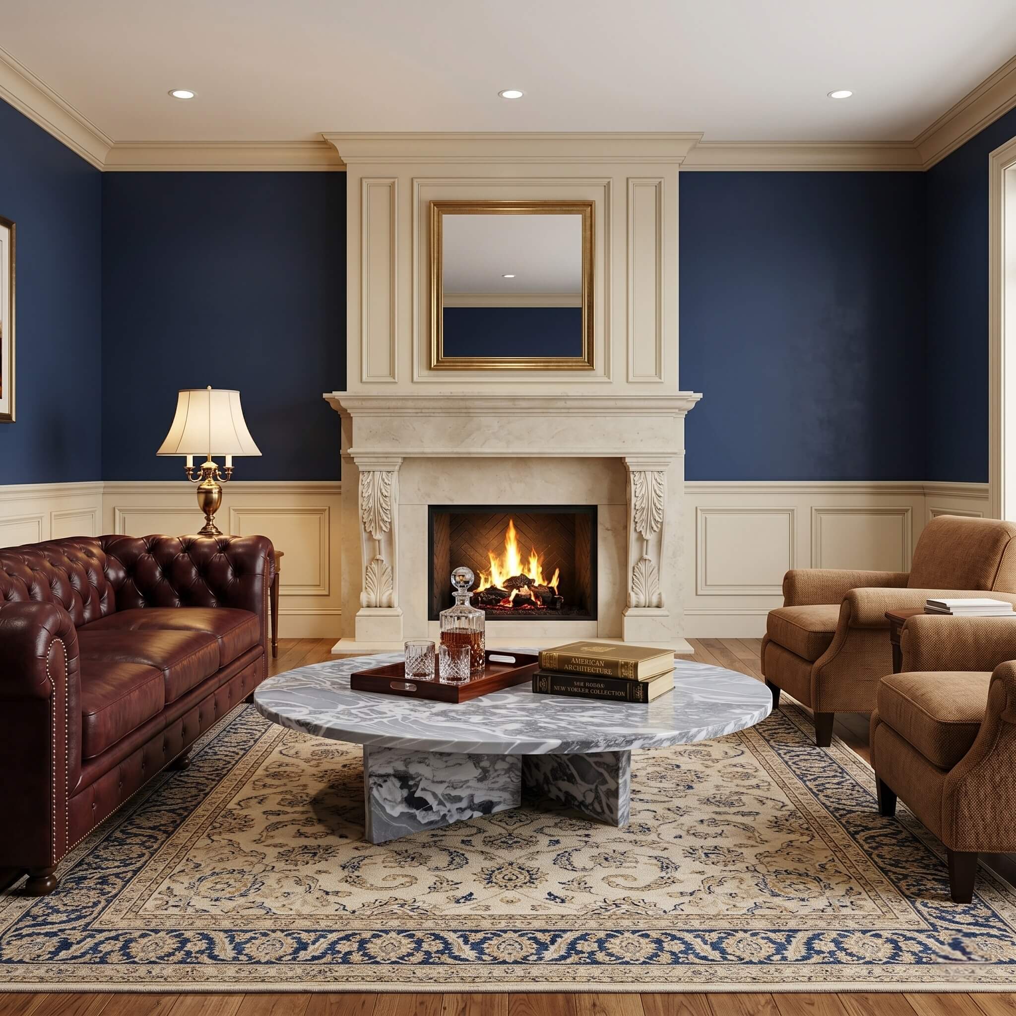 Cloudy blue marble coffee table in traditional living room with Chesterfield sofa, carved fireplace, and navy walls.