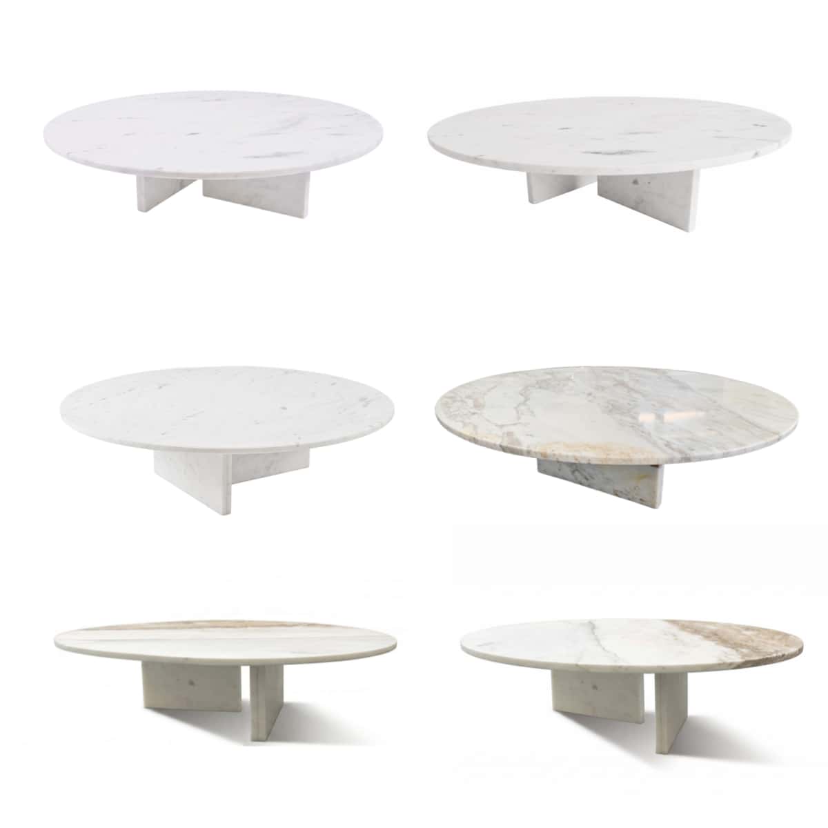 Six color variants of round natural marble coffee table on twin slab legs, ranging from pure white fine-veined to warm beige with broad brown veining, all honed finish.