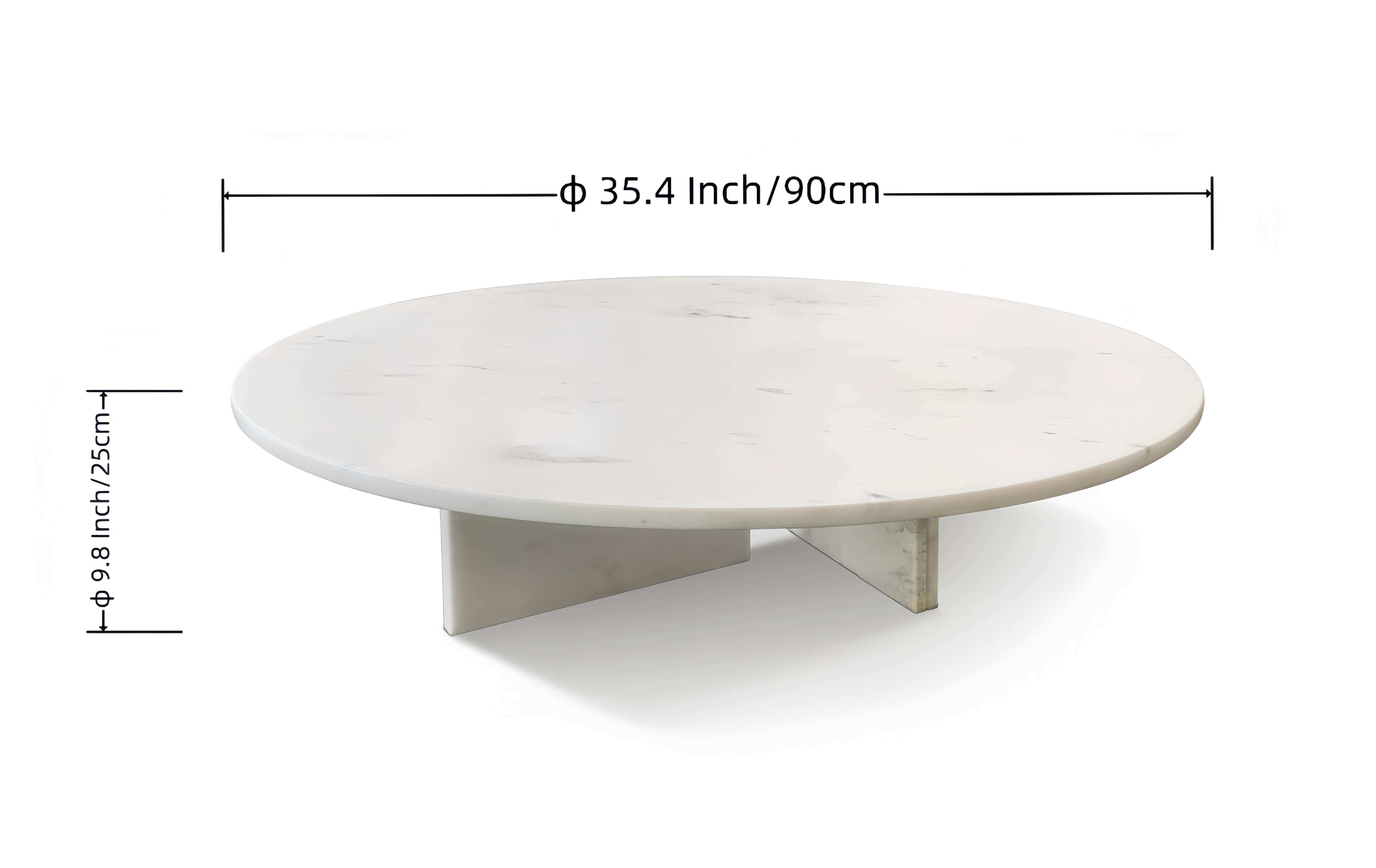 Round natural marble coffee table dimensions: &Oslash;35.4 inch (90cm) diameter, 9.8 inch (25cm) height, honed Snow Mountain White marble on two upright slab legs.