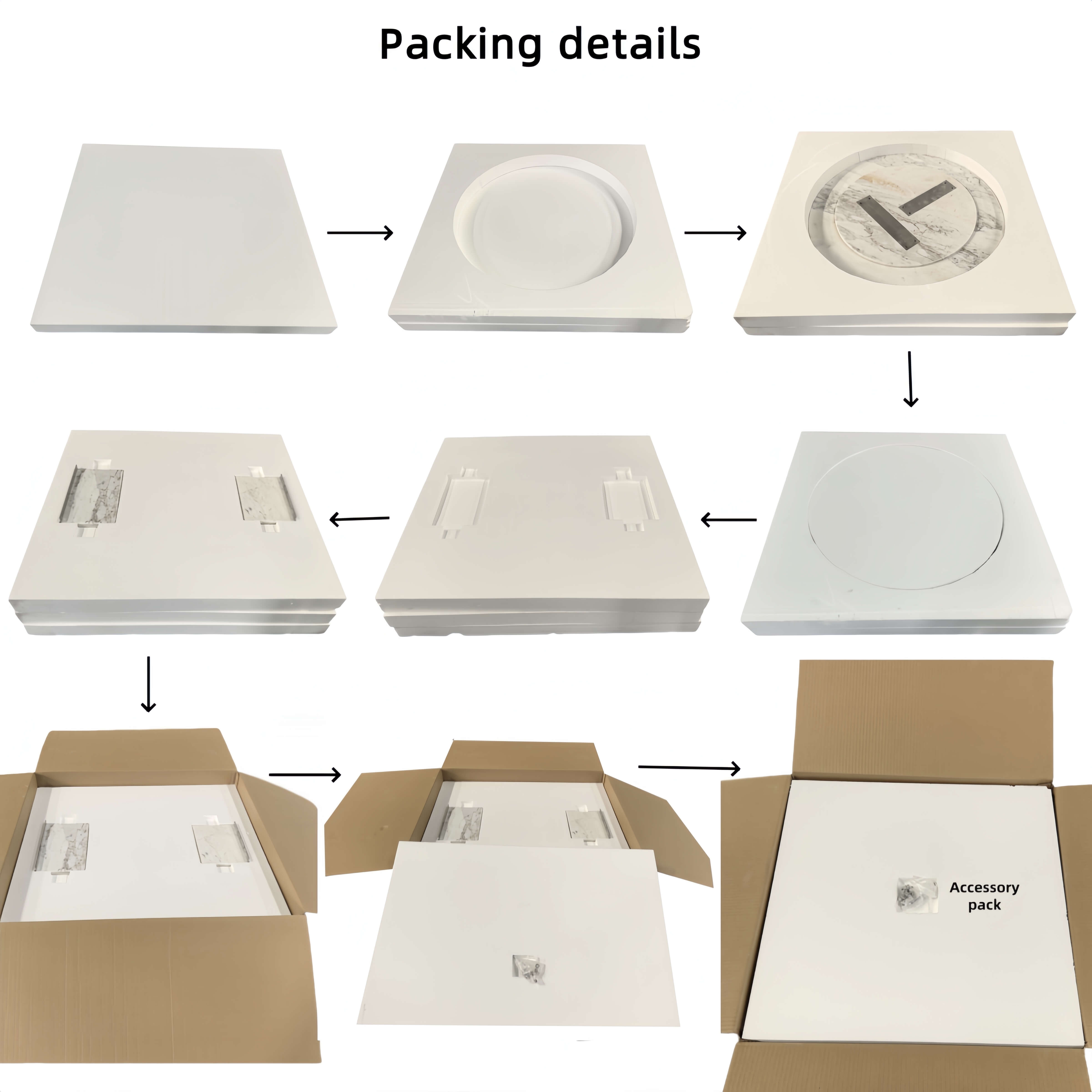 Step-by-step packaging of 90cm round marble coffee table: foam-molded cradle for tabletop, base slabs packed separately in double-wall carton with accessory pack.