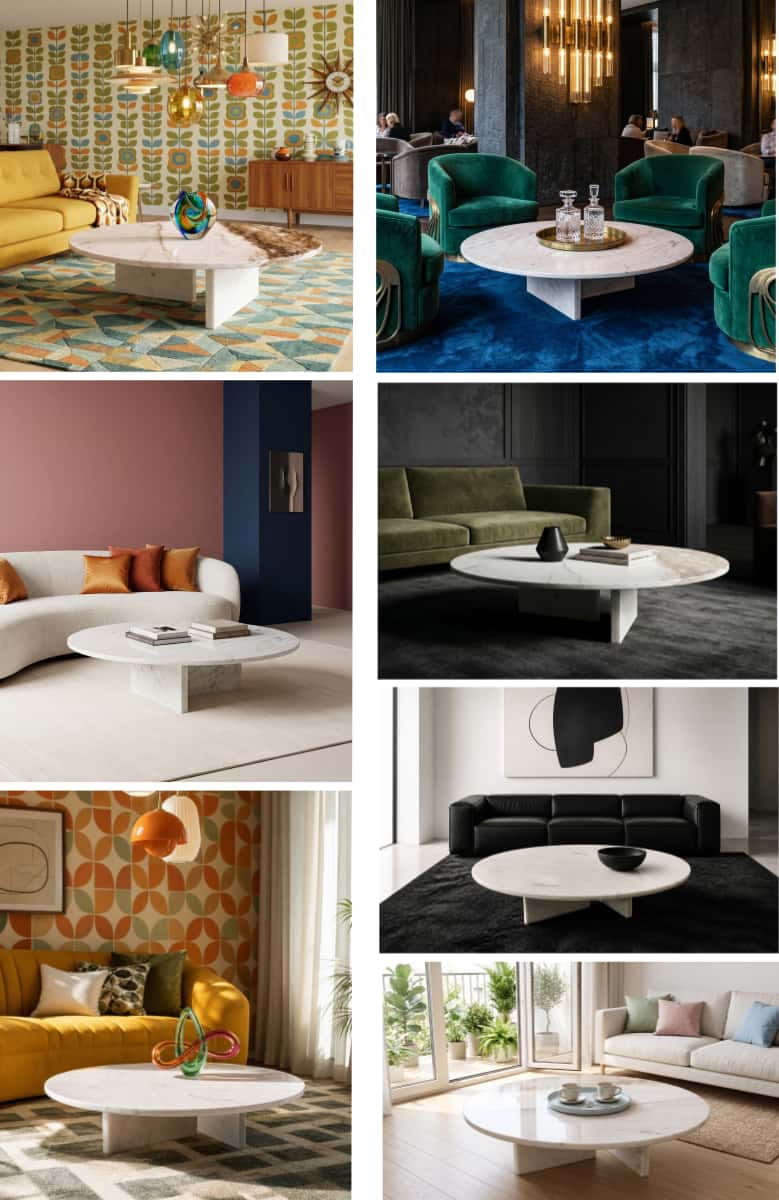 Round white marble coffee table styled in seven interiors, from retro and art deco to minimalist, showing its design versatility.