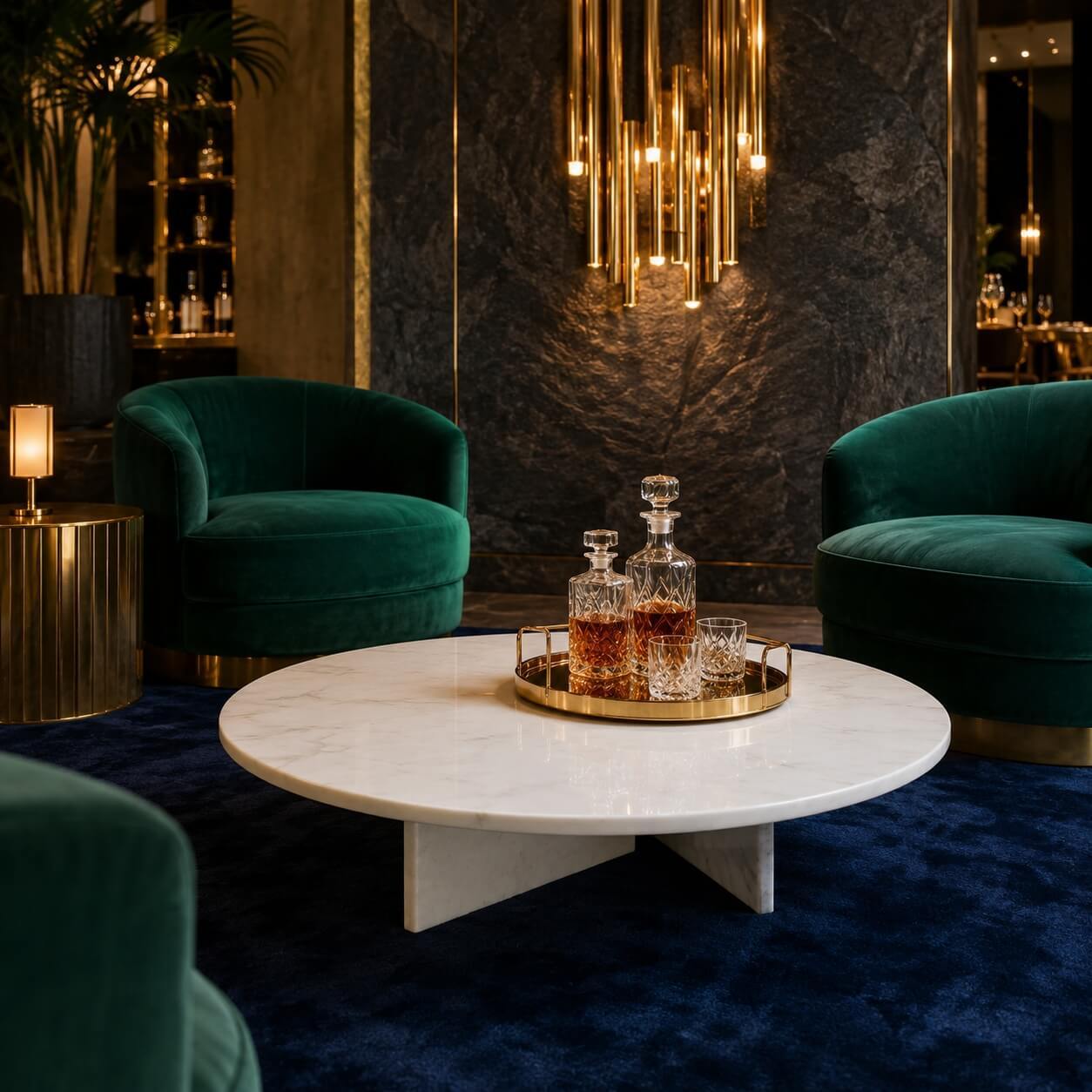 Round white marble coffee table in an art deco lounge with emerald velvet chairs, navy rug, and a brass chandelier.