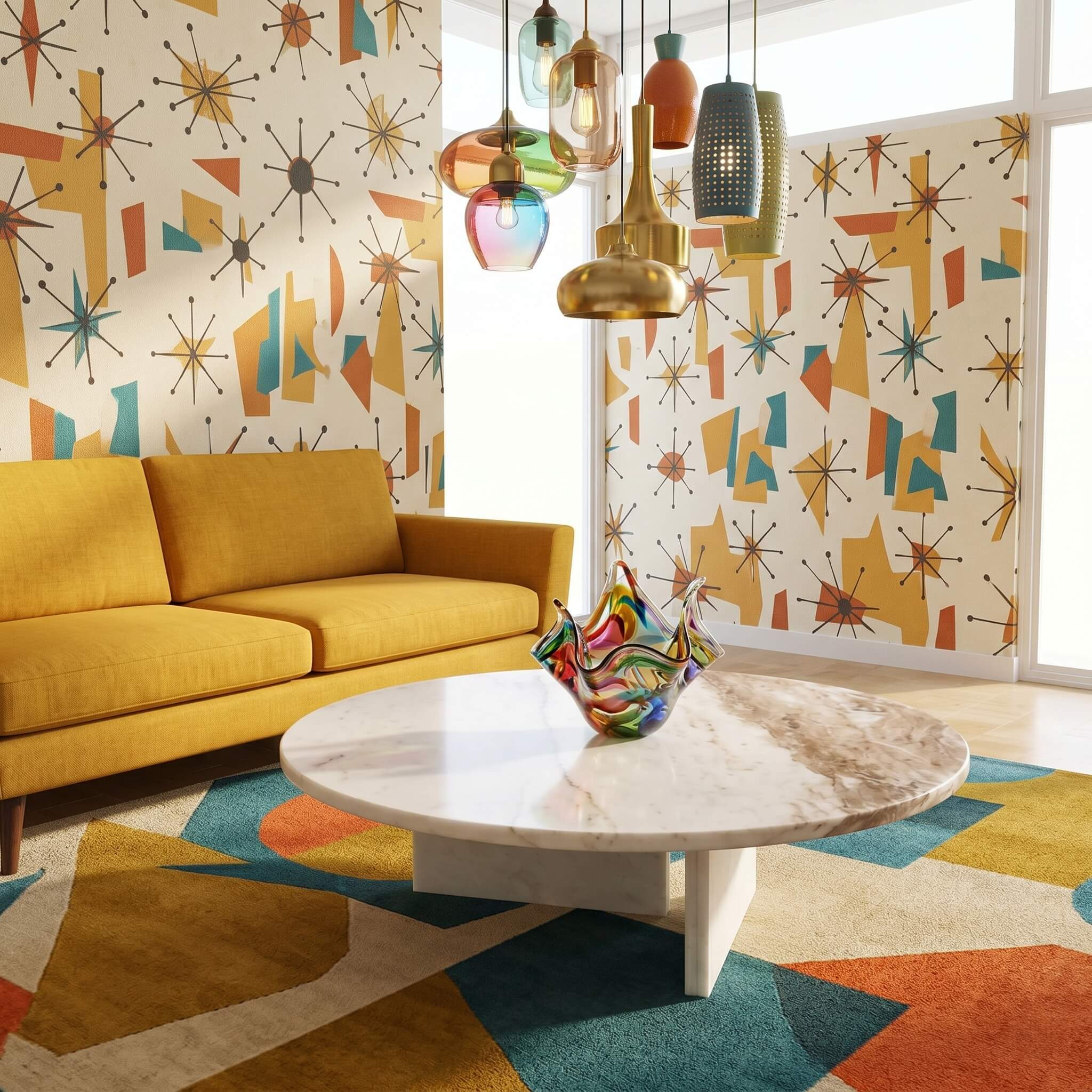 Round white marble coffee table in a retro room with mustard sofa, atomic-print wallpaper, and colorful pendant lights.