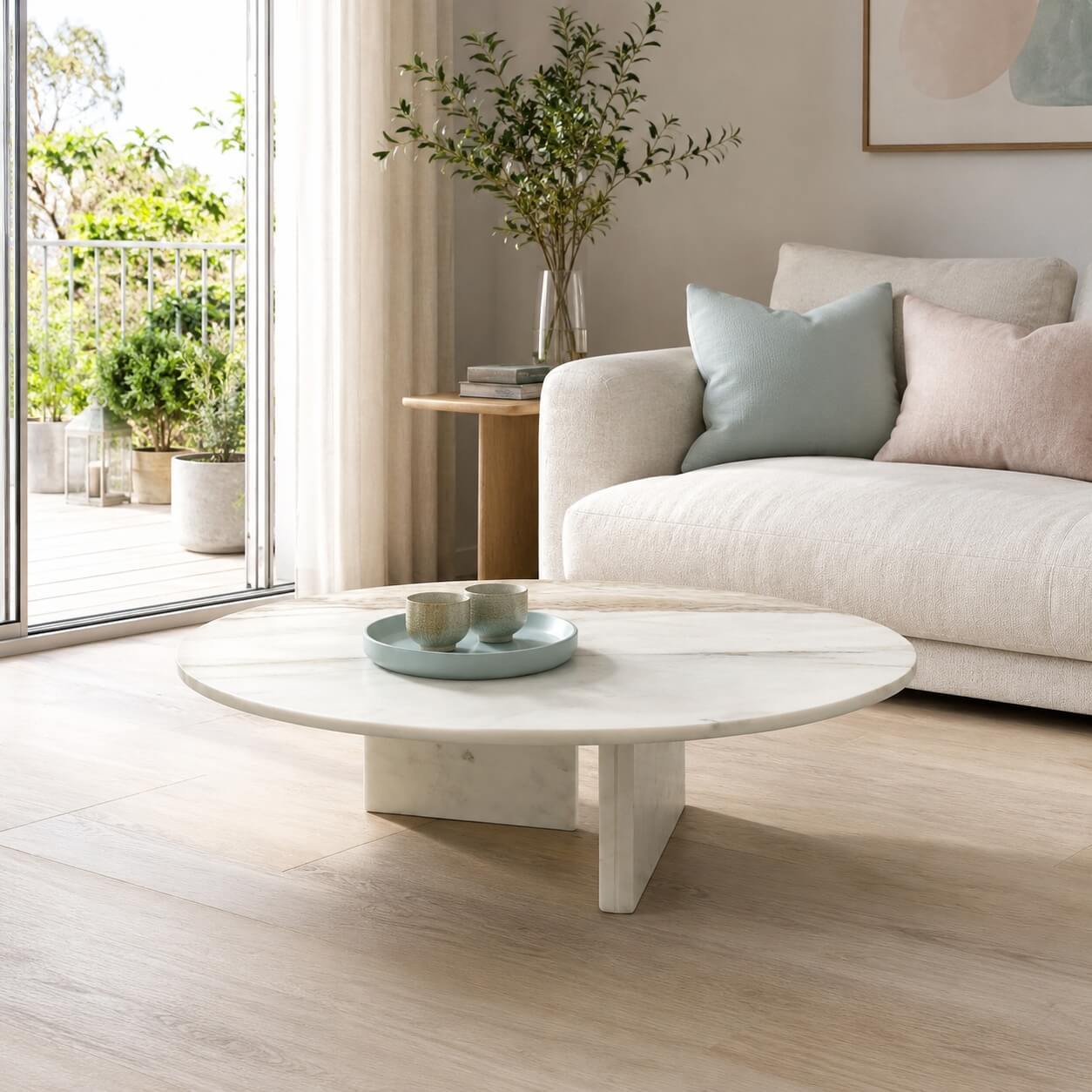 Round white marble coffee table in a sunlit living room with cream sofa, sage and blush cushions, and a balcony view.