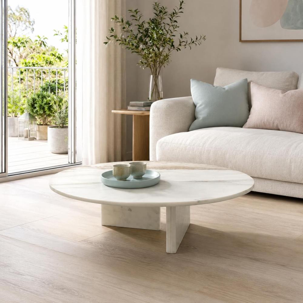Round white marble coffee table in a sunlit living room with cream sofa, sage and blush cushions, and a balcony view.