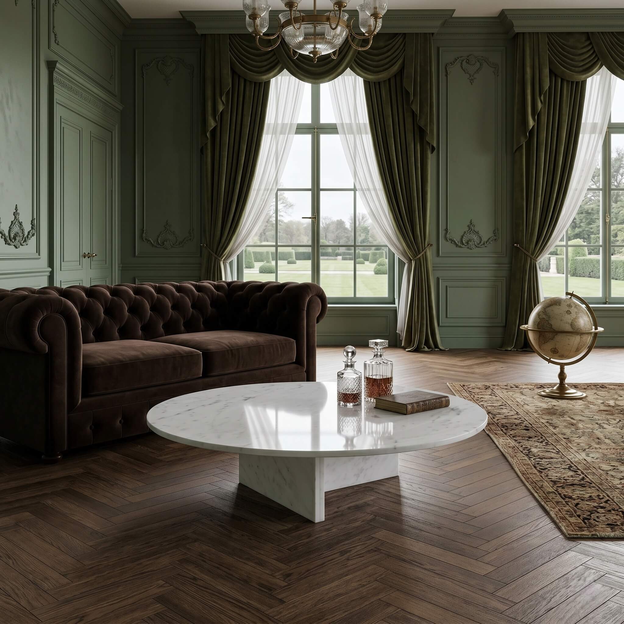 Round white marble coffee table in a classic manor room with brown velvet chesterfield sofa and sage panelled walls.