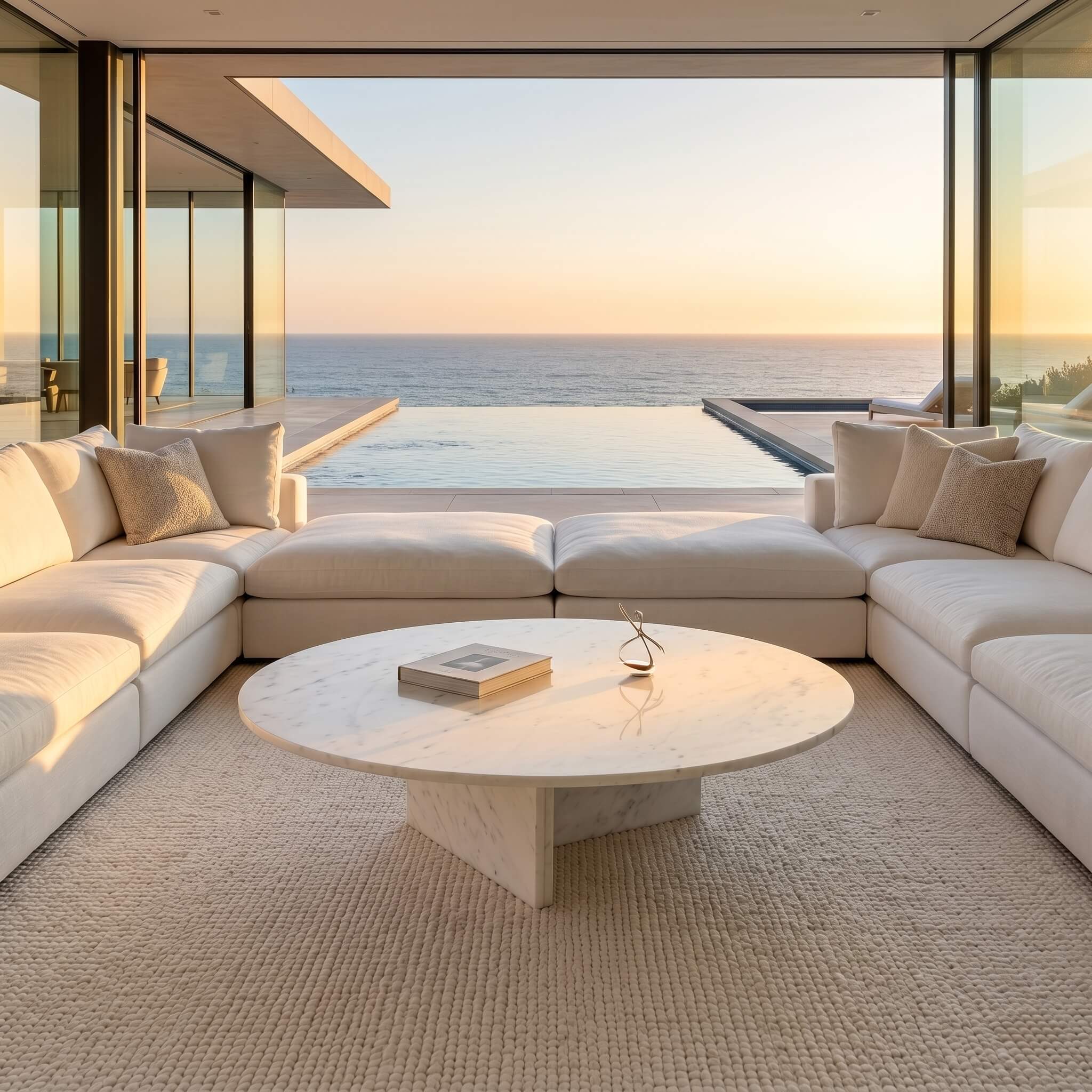 Round white marble coffee table in an oceanfront living room with cream sectional sofas, knit rug, and infinity pool at sunset.