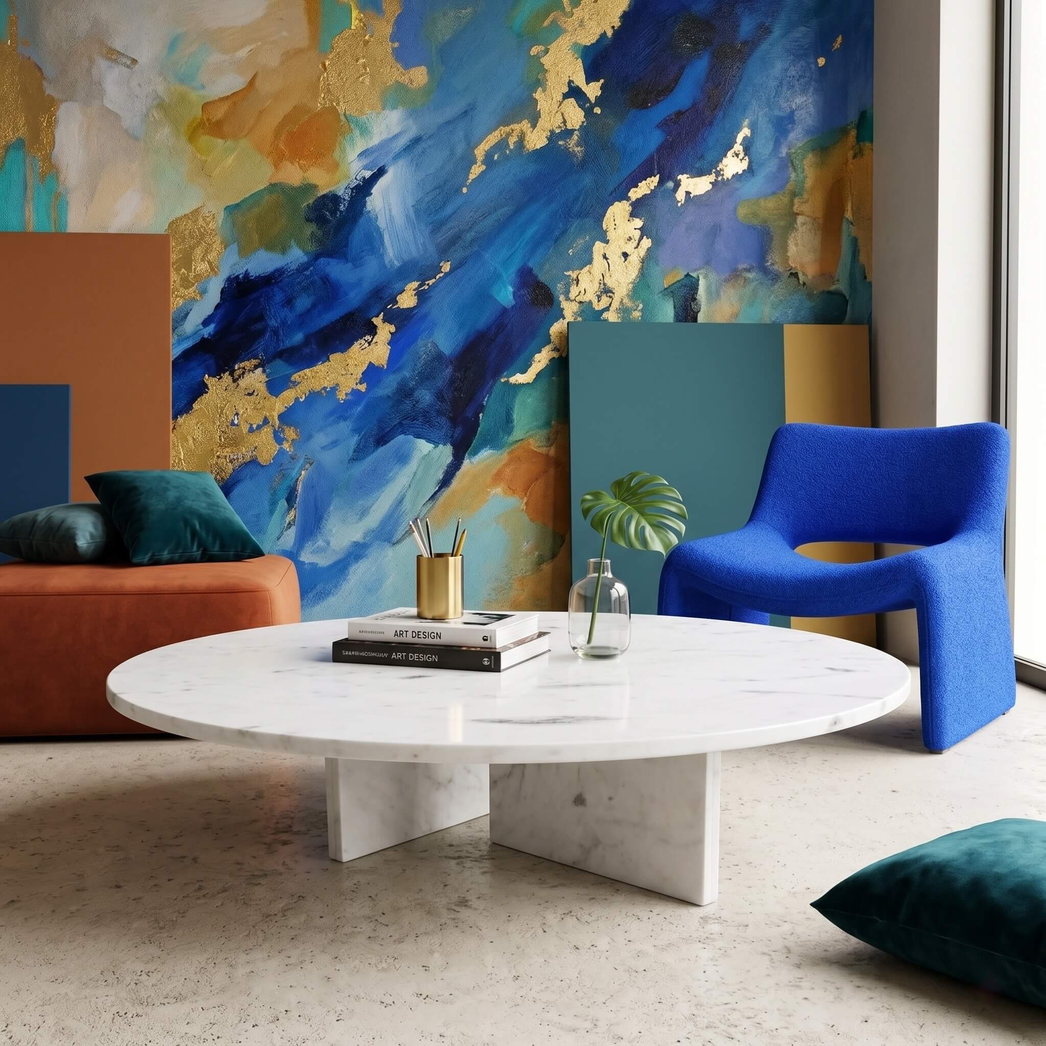 Round white marble coffee table with art books in an eclectic room featuring abstract blue-and-gold wall art and a cobalt chair.